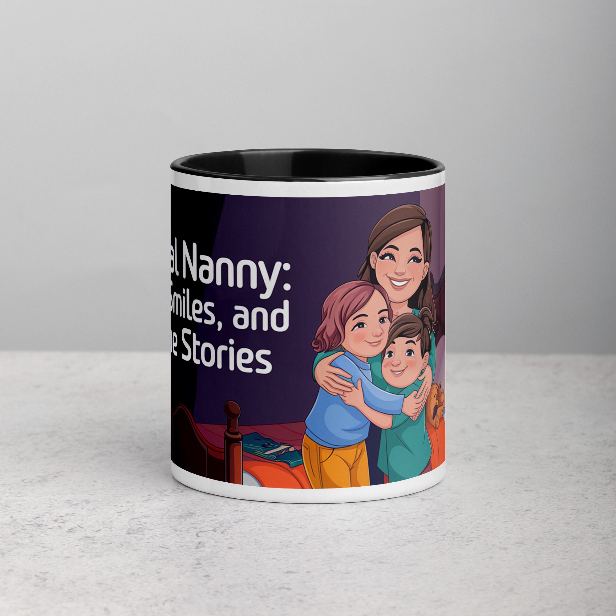 white-ceramic-mug-with-color-inside-black-11-oz-front-673e57d47a017.jpg Official Nanny: Hugs, Smiles, and Bedtime Stories Mug - Image 1