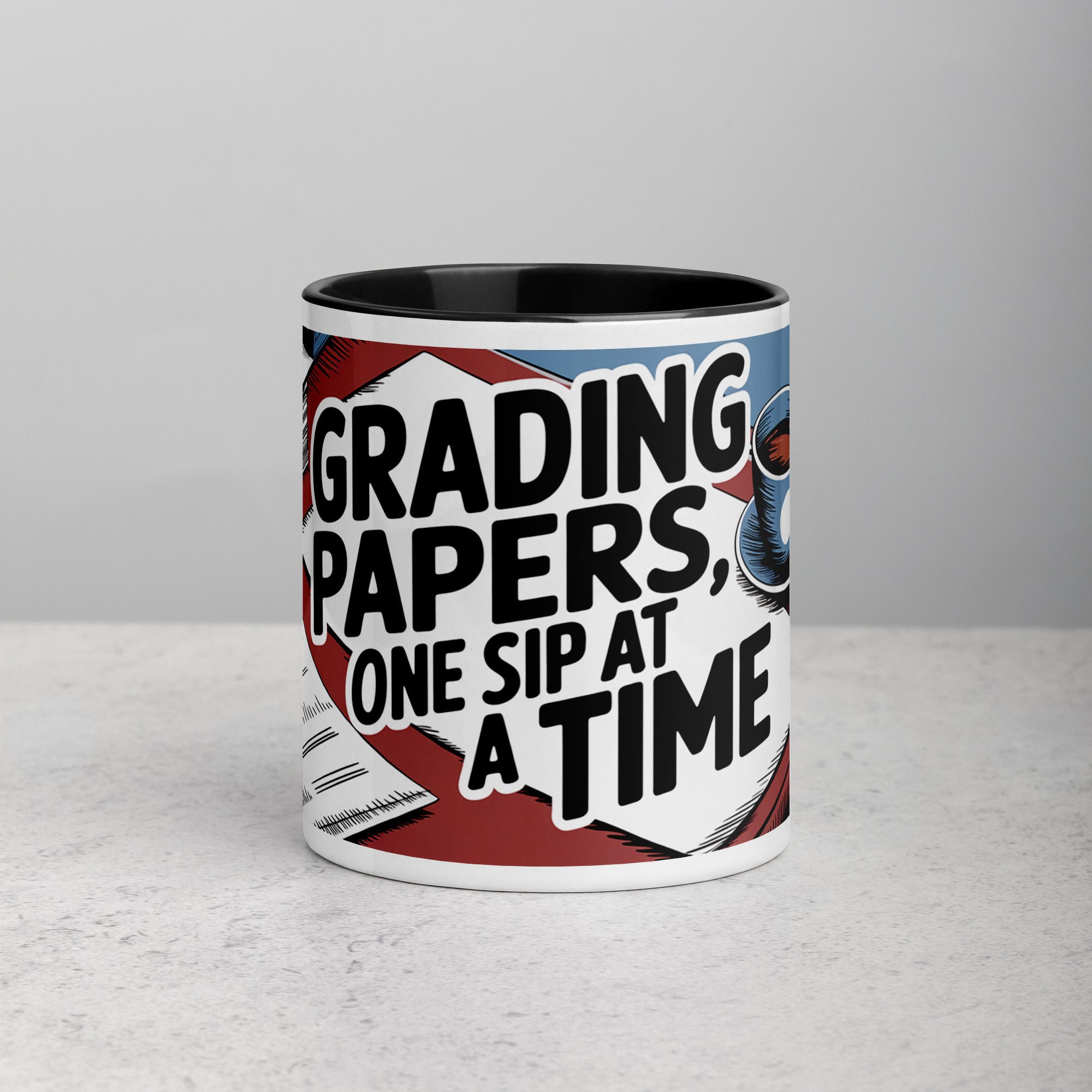 white-ceramic-mug-with-color-inside-black-11-oz-front-673e65257378c.jpg Grading Papers, One Sip at a Time Coffee Mug - Image 1