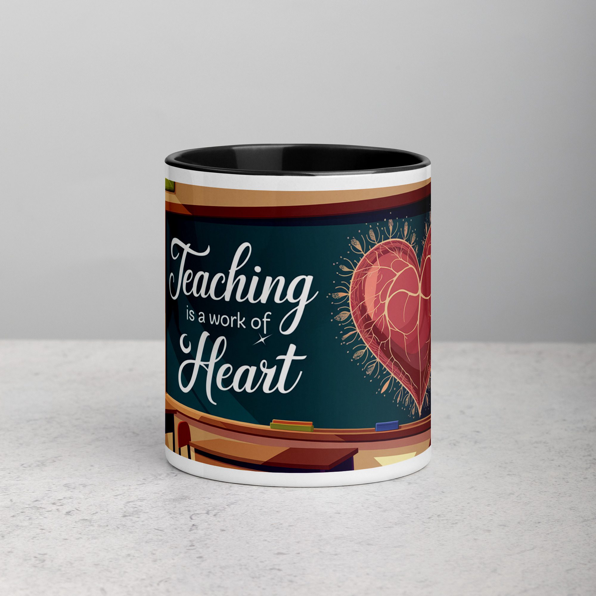 white-ceramic-mug-with-color-inside-black-11-oz-front-673e66d4985ae.jpg Teaching Is a Work of Heart Coffee Mug & Tea Cup - Image 1