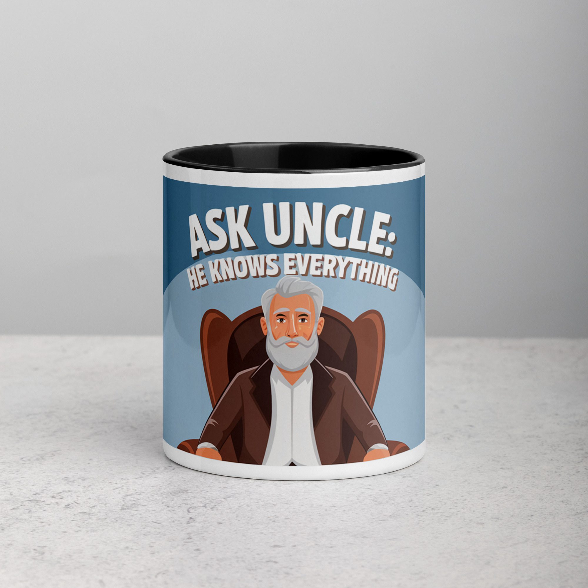 white-ceramic-mug-with-color-inside-black-11-oz-front-673e697b4a722.jpg Ask Uncle: He Knows Everything Coffee Mug - Image 1