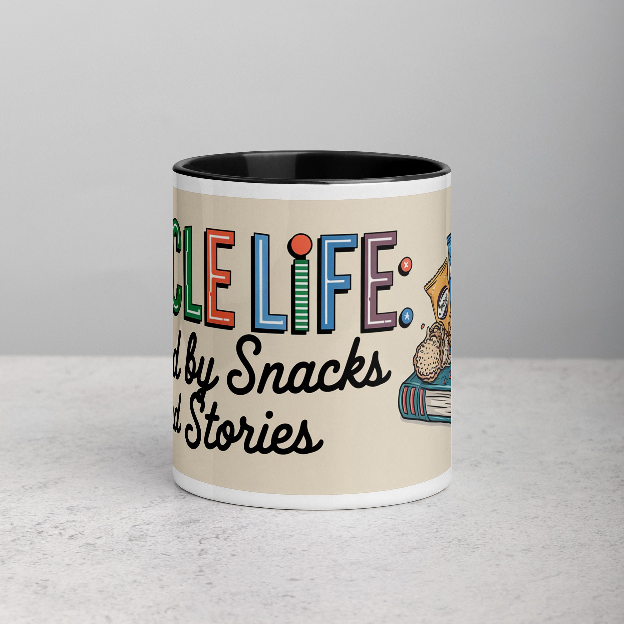 white-ceramic-mug-with-color-inside-black-11-oz-front-673e6bc416a70.jpg Uncle Life: Fueled by Snacks and Stories Mug - Image 1