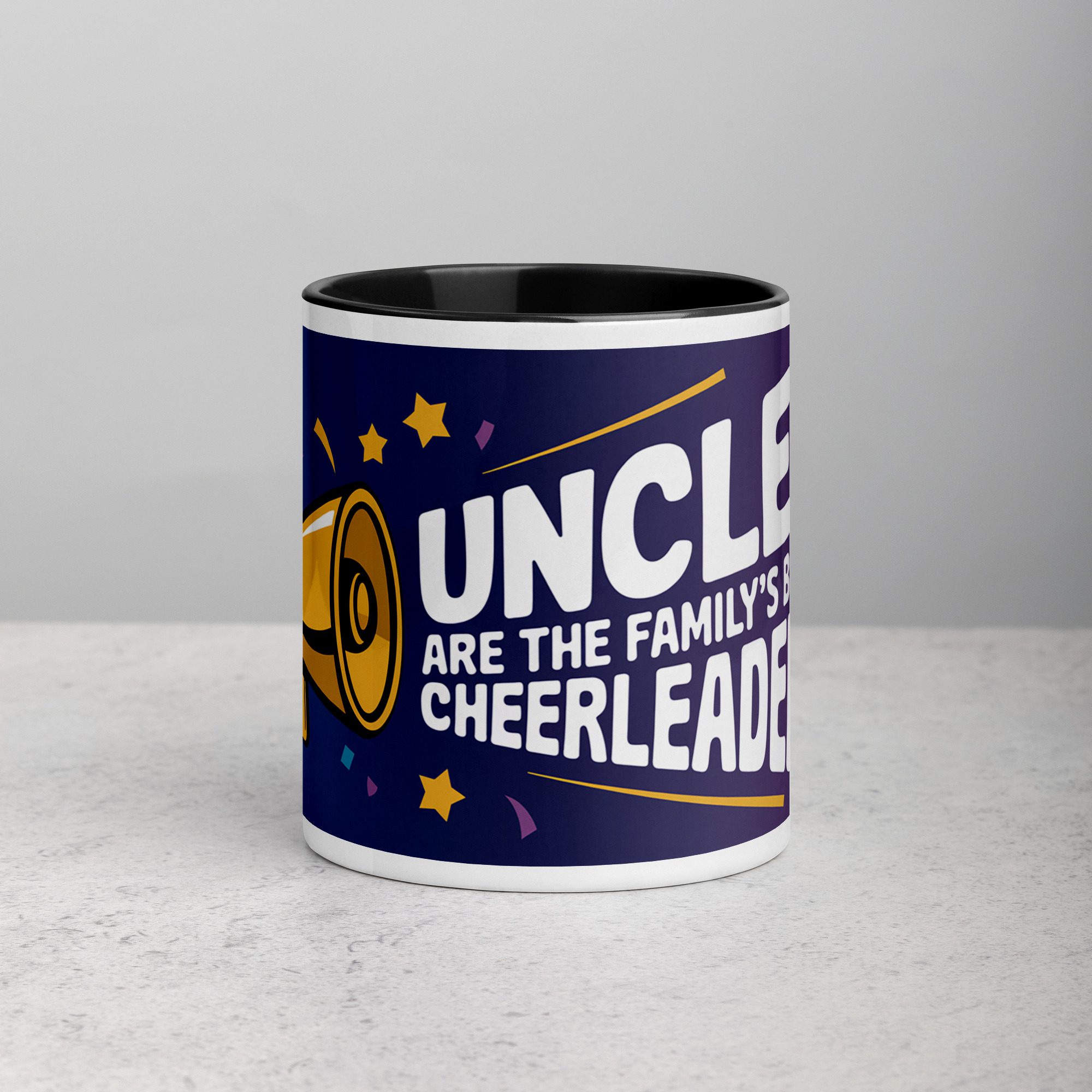 white-ceramic-mug-with-color-inside-black-11-oz-front-673e6d1379acd.jpg Uncles Are the Family’s Best Cheerleaders Coffee Mug - Image 1