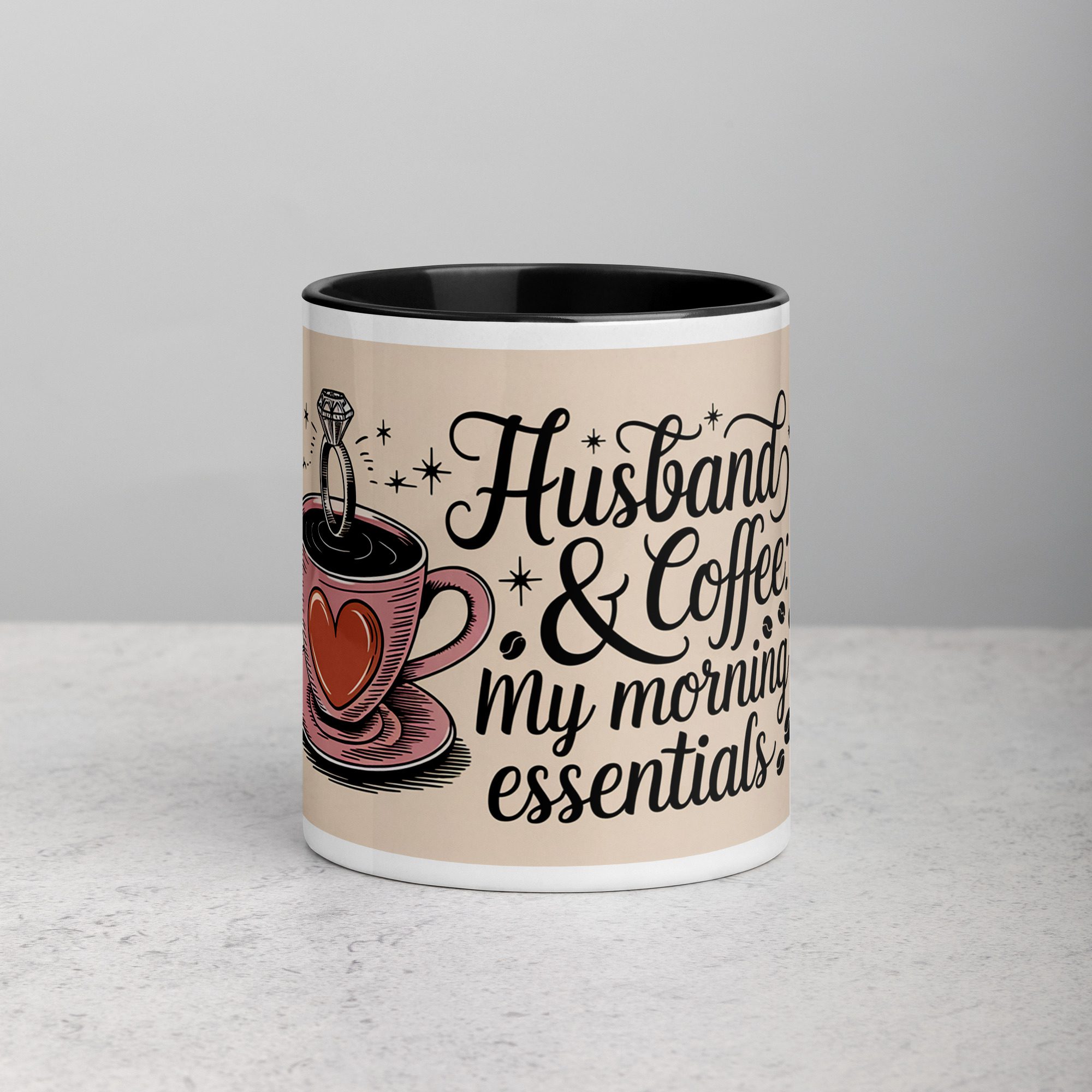 white-ceramic-mug-with-color-inside-black-11-oz-front-673fa4c255c72.jpg Husband & Coffee: My Morning Essentials Mug - Image 1