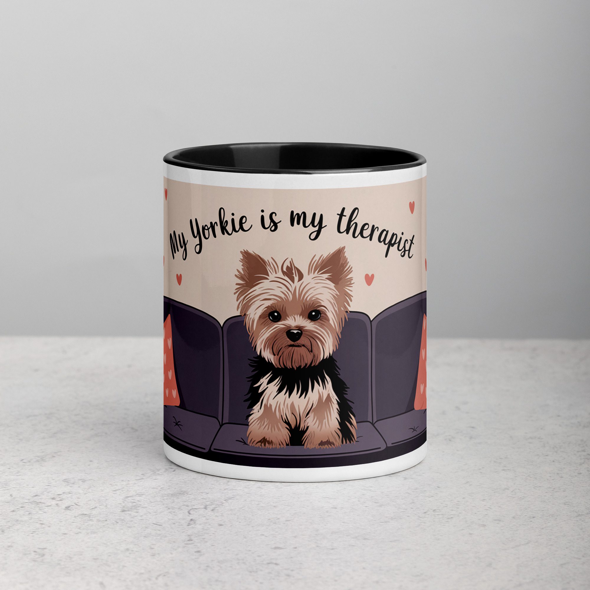 white-ceramic-mug-with-color-inside-black-11-oz-front-67424759c621d.jpg My Yorkie Is My Therapist Coffee Mug - Image 1