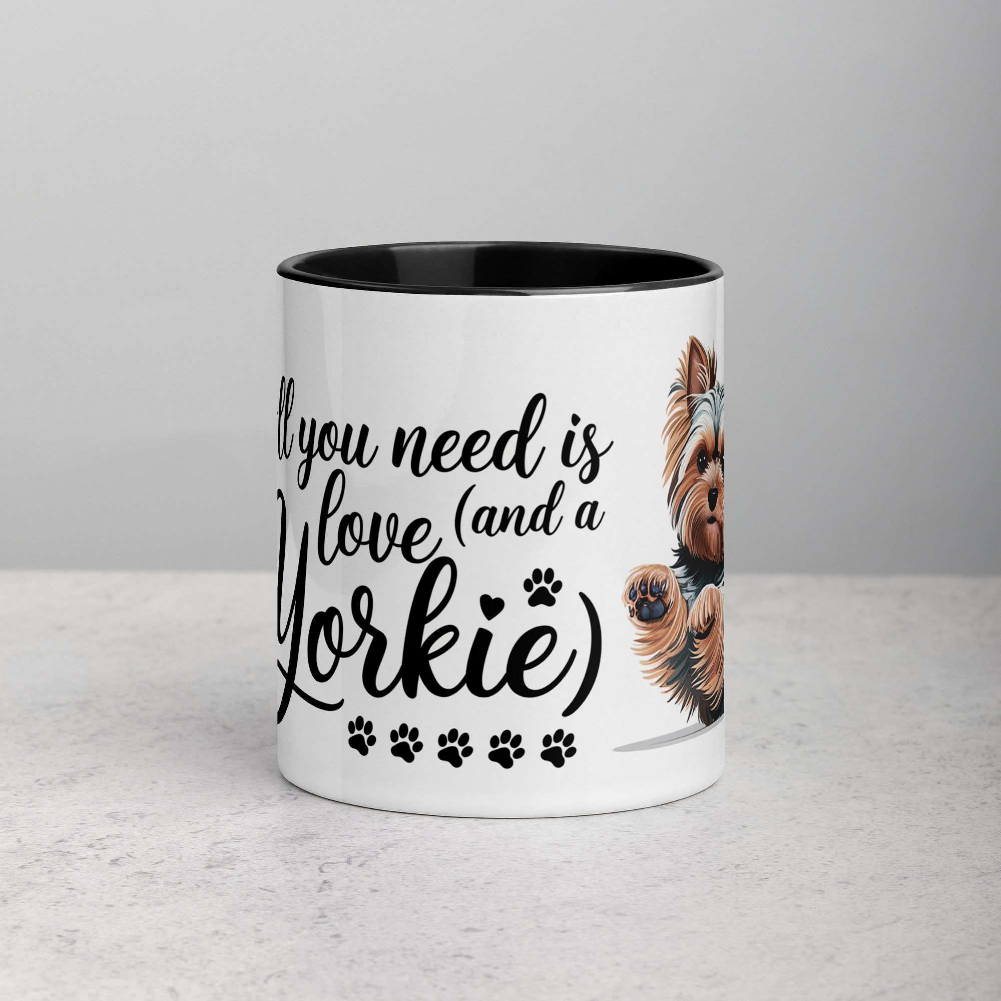 white-ceramic-mug-with-color-inside-black-11-oz-front-674247f5e1b88.jpg All You Need Is Love (And a Yorkie) Coffee Mug & Tea Cup - Image 1