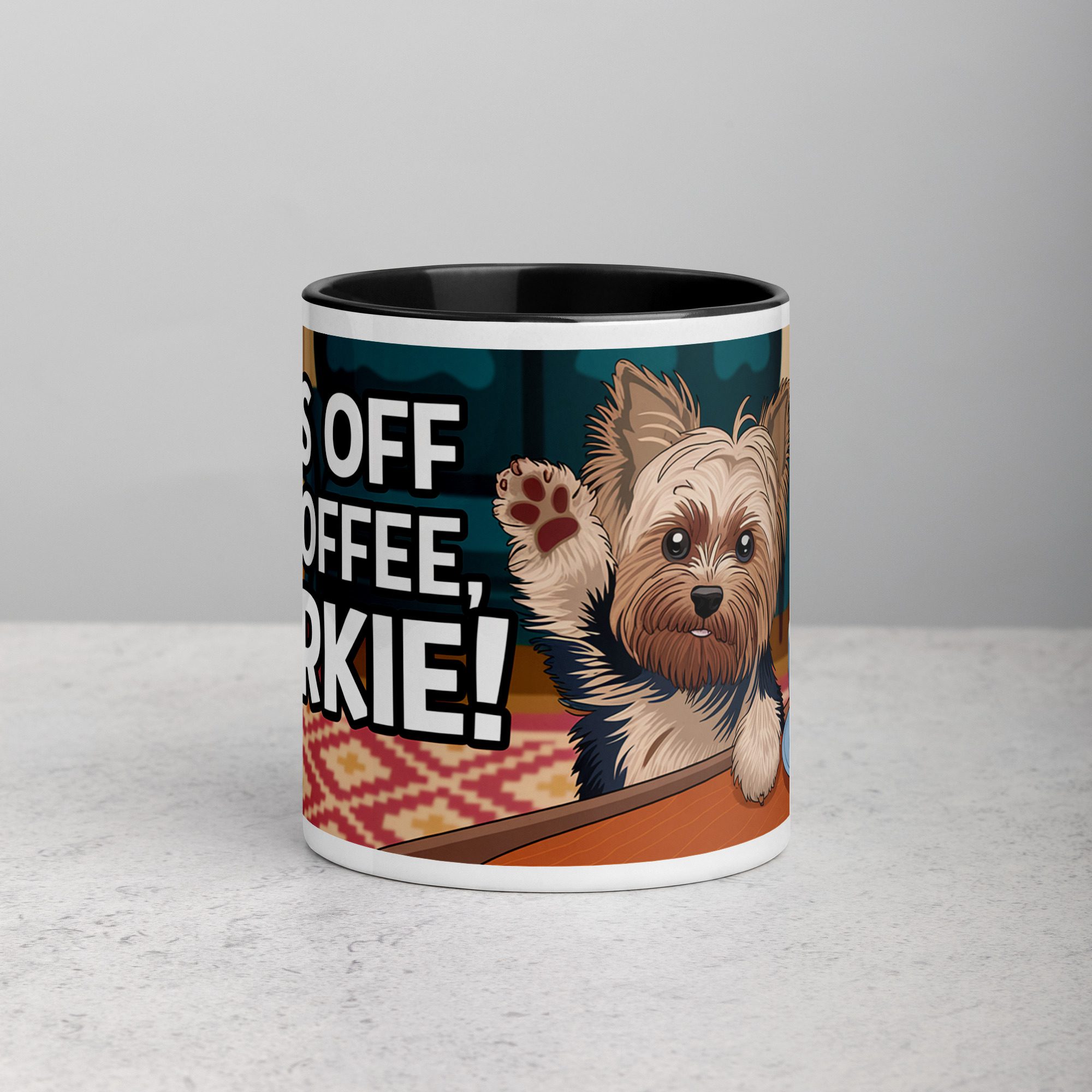 white-ceramic-mug-with-color-inside-black-11-oz-front-6742499731a75.jpg Paws Off My Coffee, Yorkie! Mug - Image 1