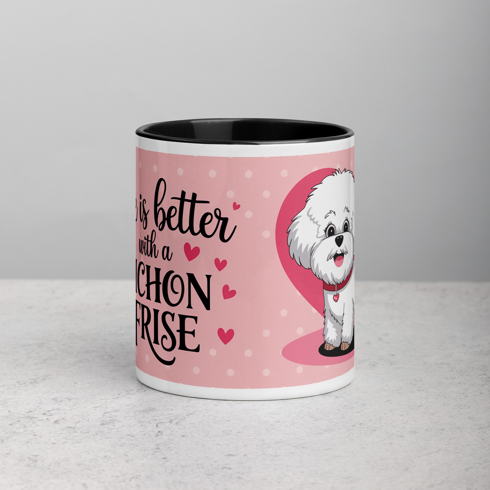 white-ceramic-mug-with-color-inside-black-11-oz-front-67456bd7ed36e.jpg Life Is Better with a Bichon Frise Coffee Mug - Image 1