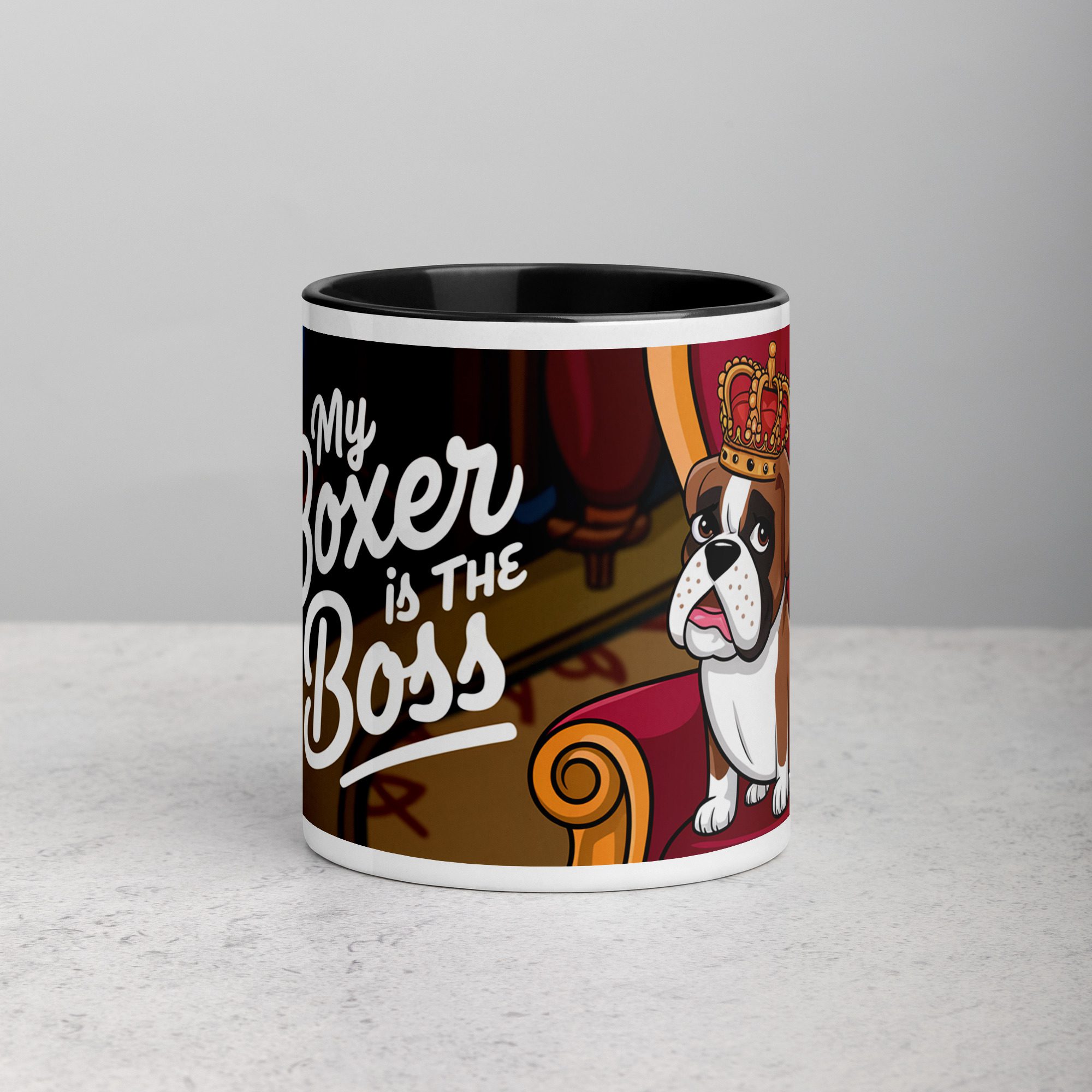 white-ceramic-mug-with-color-inside-black-11-oz-front-6745775395c2b.jpg My Boxer Is the Boss Coffee Mug - Image 1