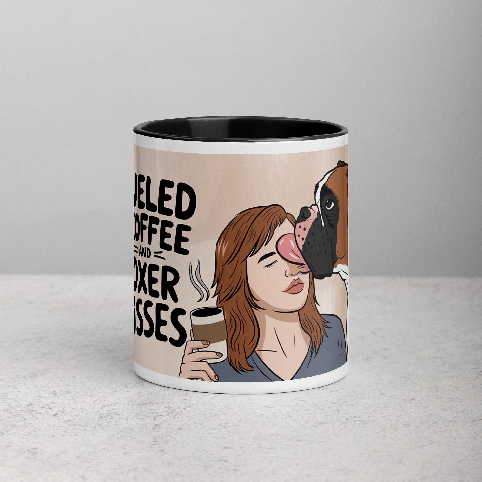 white-ceramic-mug-with-color-inside-black-11-oz-front-6745779c4ce54.jpg Fueled by Coffee and Boxer Kisses Mug - Image 1