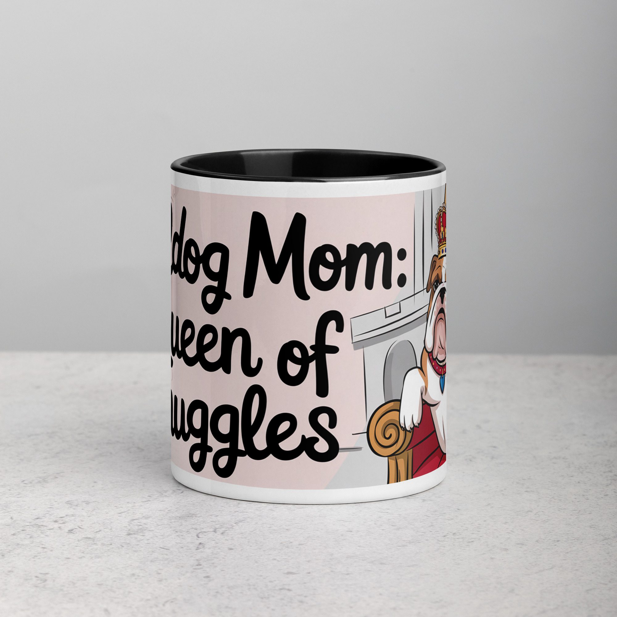 white-ceramic-mug-with-color-inside-black-11-oz-front-67457a11224fc.jpg Bulldog Mom: Queen of Snuggles Coffee Mug - Image 1
