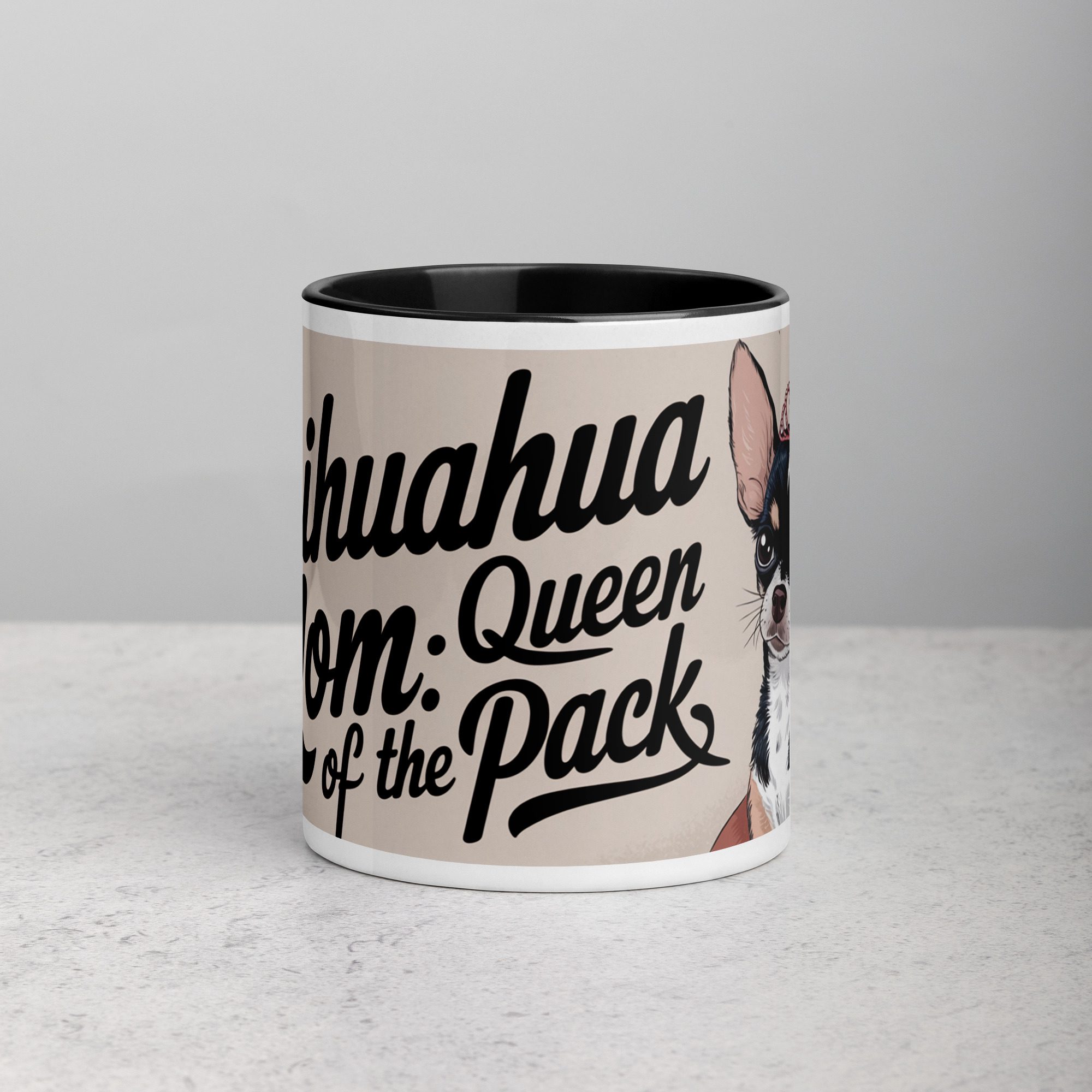 white-ceramic-mug-with-color-inside-black-11-oz-front-674583bfd3e9b.jpg Chihuahua Mom: Queen of the Pack Coffee Mug - Image 1