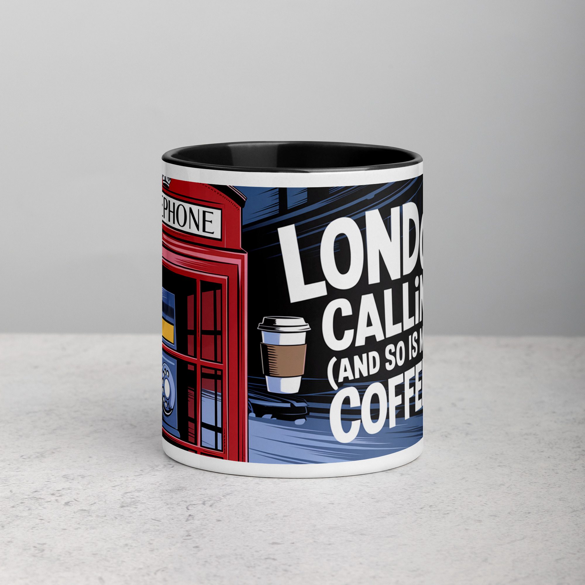 white-ceramic-mug-with-color-inside-black-11-oz-front-67470870e8c15.jpg London Calling (and So Is My Coffee) Mug - Image 1