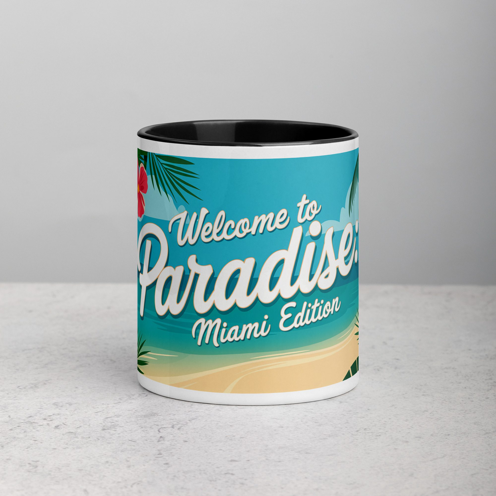 white-ceramic-mug-with-color-inside-black-11-oz-front-67471682df8b2.jpg Welcome to Paradise: Miami Edition Coffee Mug - Image 1
