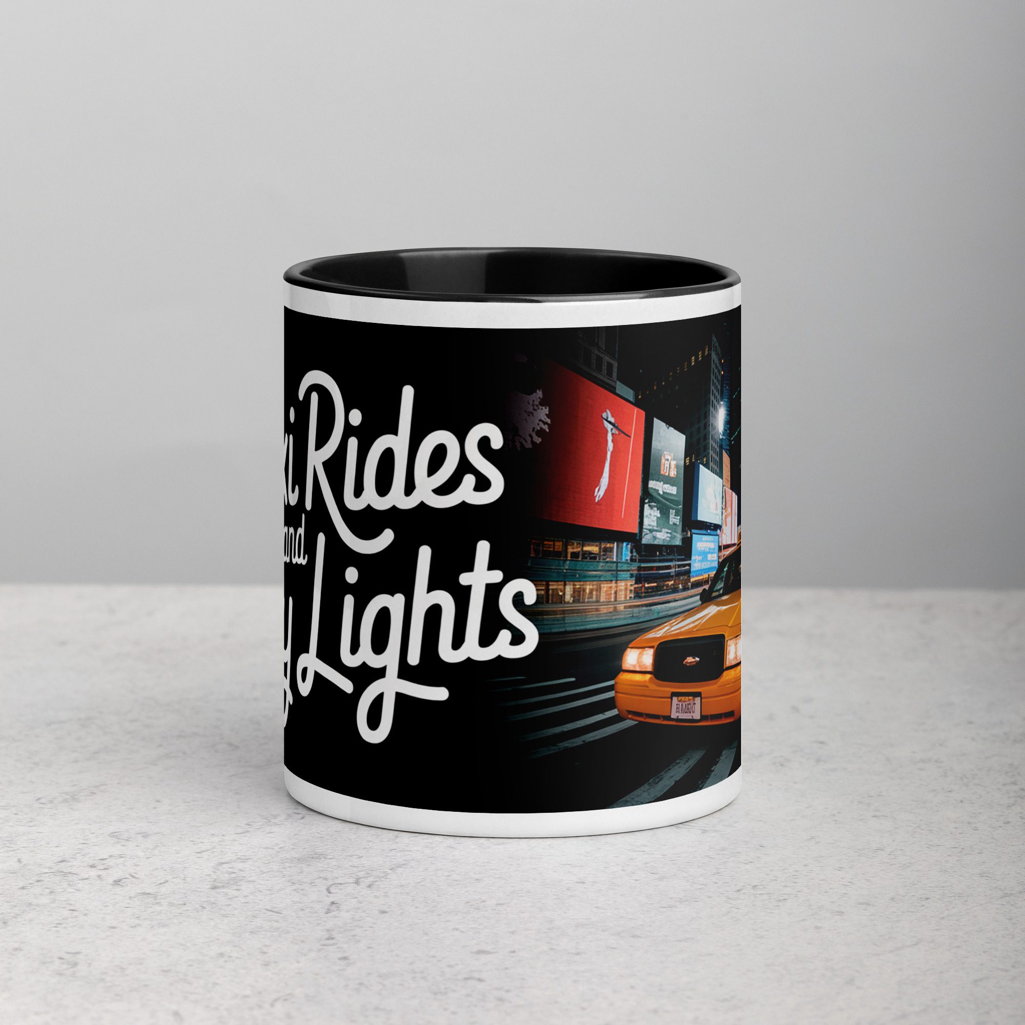 white-ceramic-mug-with-color-inside-black-11-oz-front-6747195a21a1d.jpg Taxi Rides and City Lights Coffee Mug - Image 1