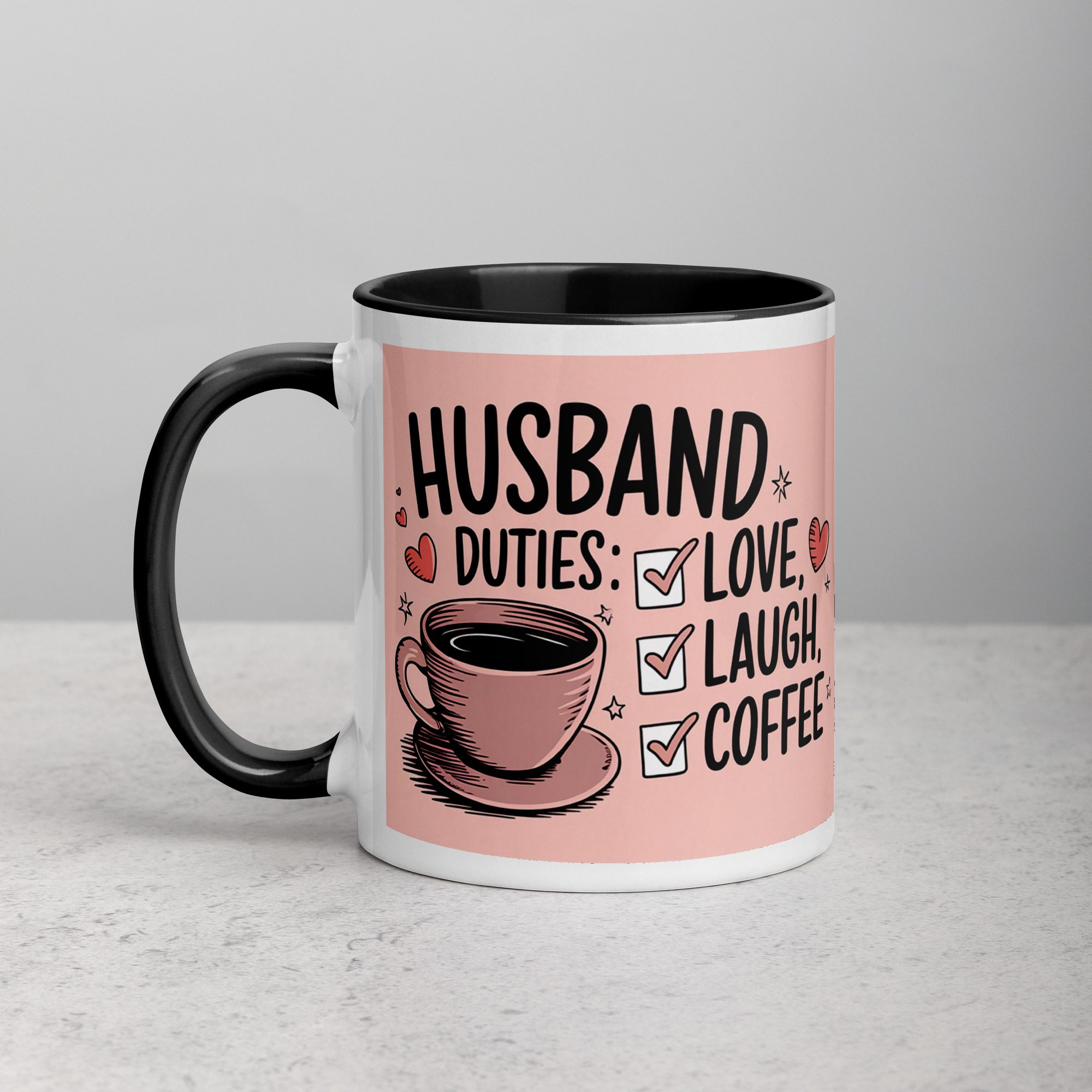 white-ceramic-mug-with-color-inside-black-11-oz-left-673fa121de083.jpg Husband Duties: Love, Laugh, Coffee Mug - Image 1