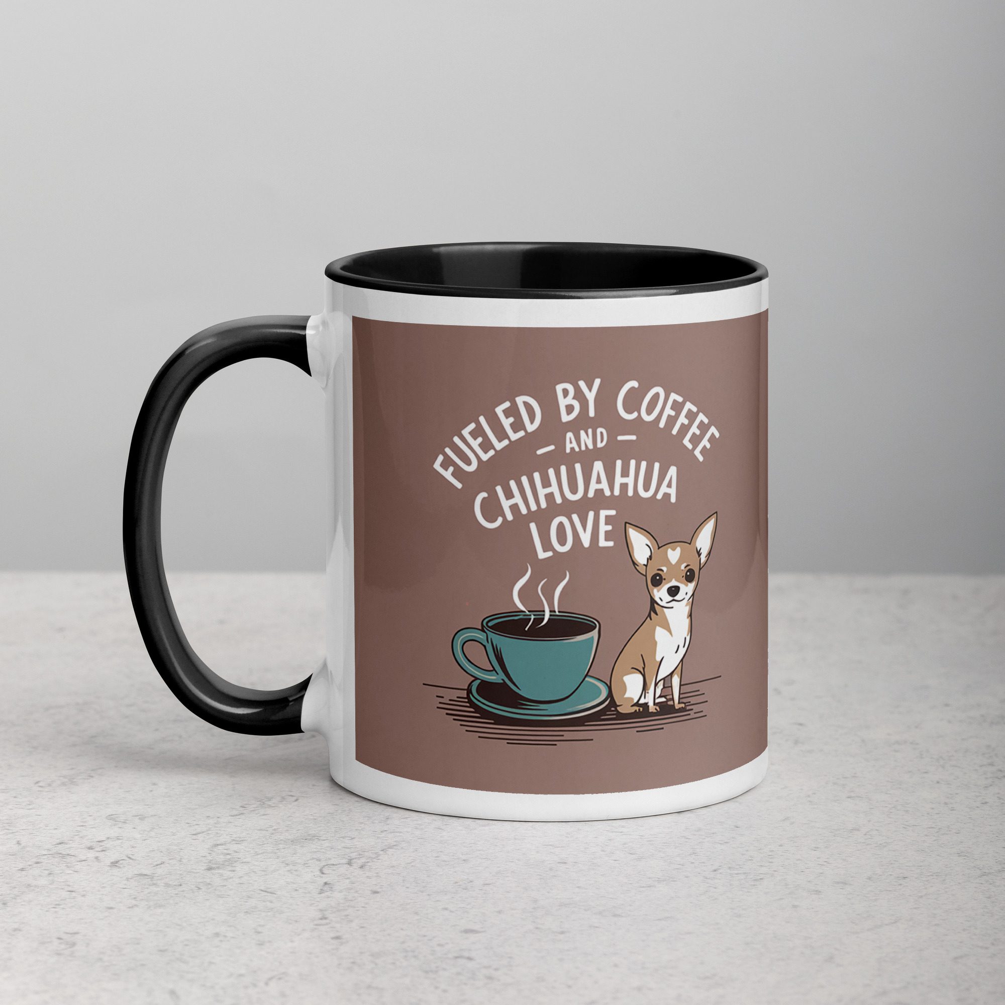 white-ceramic-mug-with-color-inside-black-11-oz-left-674585c5125da.jpg Fueled by Coffee and Chihuahua Love Mug - Image 1