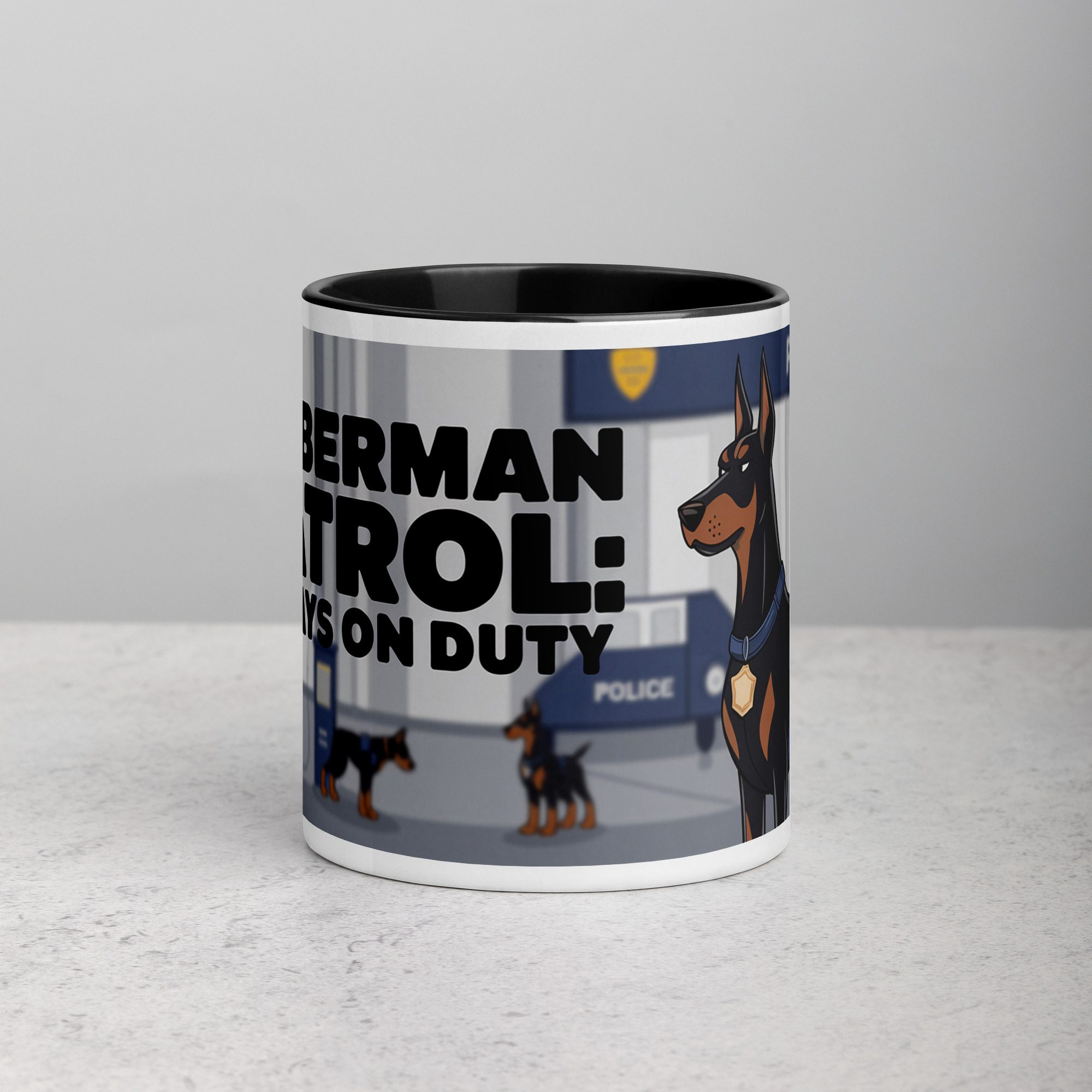 white-ceramic-mug-with-color-inside-black-11-oz-front-674bc06ebeaeb.jpg Doberman Patrol: Always on Duty Coffee Mug & Tea Cup - Image 1