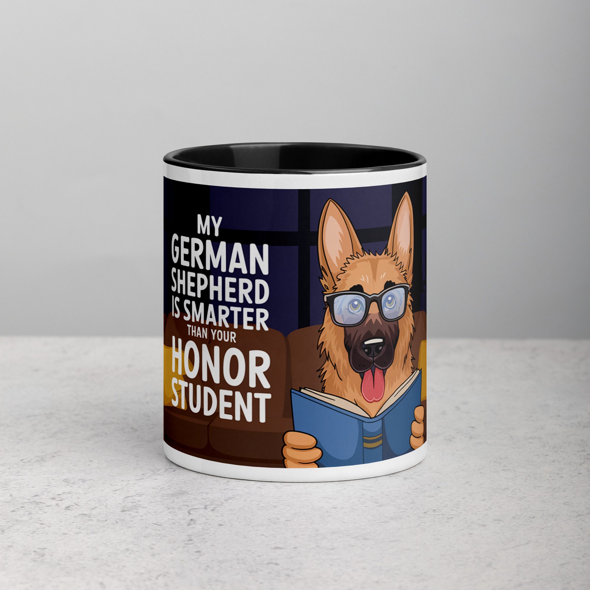 white-ceramic-mug-with-color-inside-black-11-oz-front-674bc95f04e58.jpg My German Shepherd Is Smarter Than Your Student Mug - Image 1