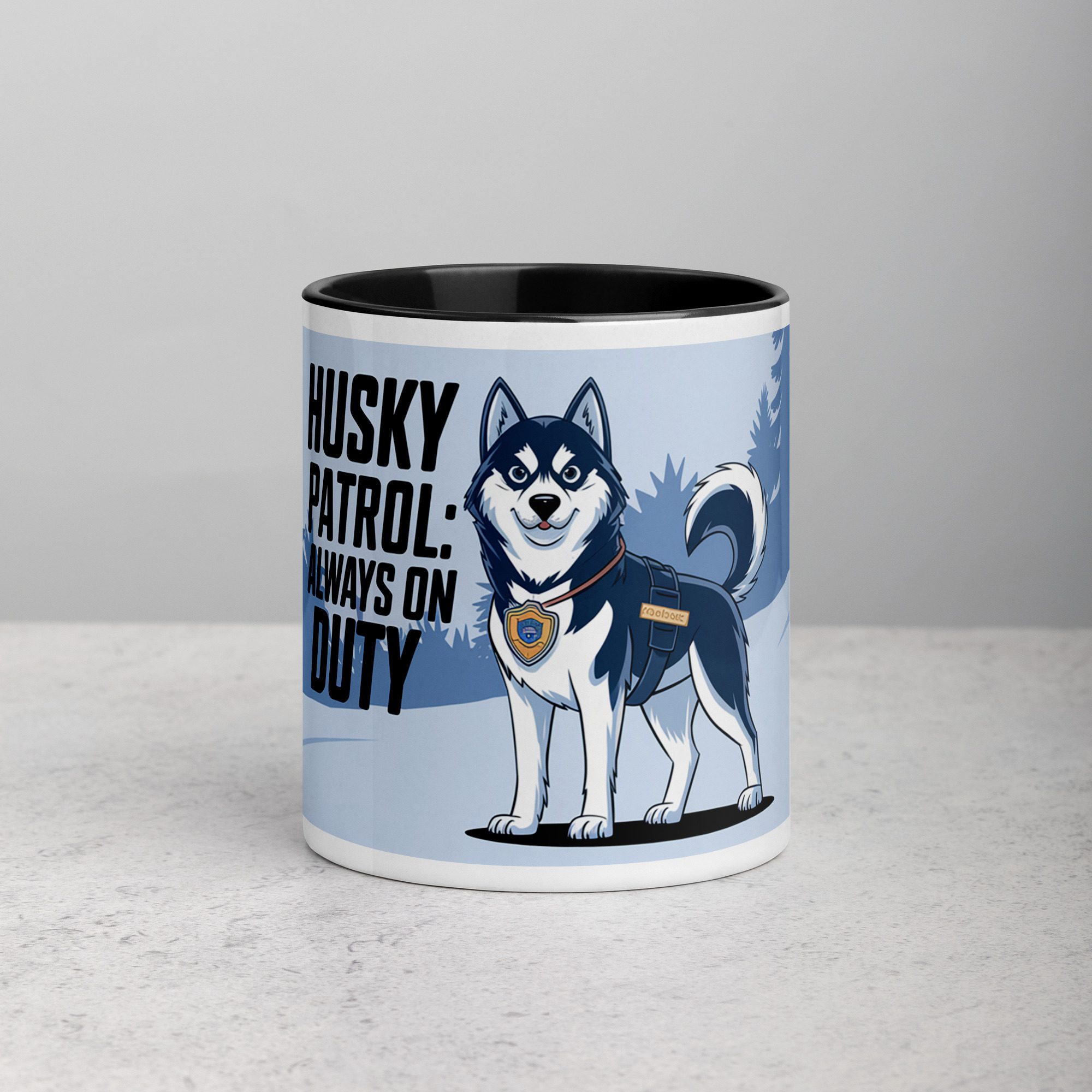 white-ceramic-mug-with-color-inside-black-11-oz-front-674f03d83e456.jpg Husky Patrol: Always on Duty Coffee Mug - Image 1
