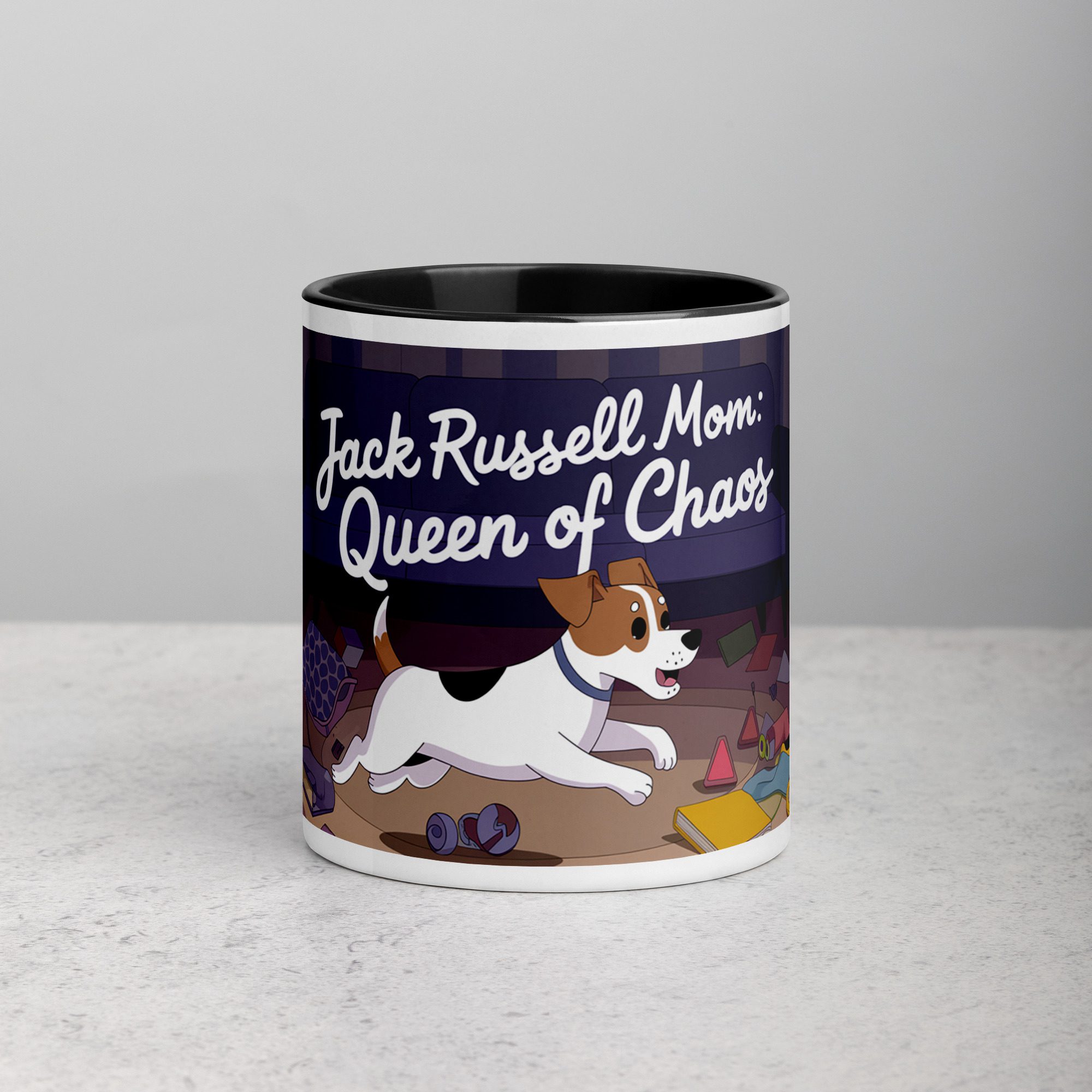 white-ceramic-mug-with-color-inside-black-11-oz-front-674f05f8d8482.jpg Jack Russell Mom: Queen of Chaos Coffee Mug - Image 1