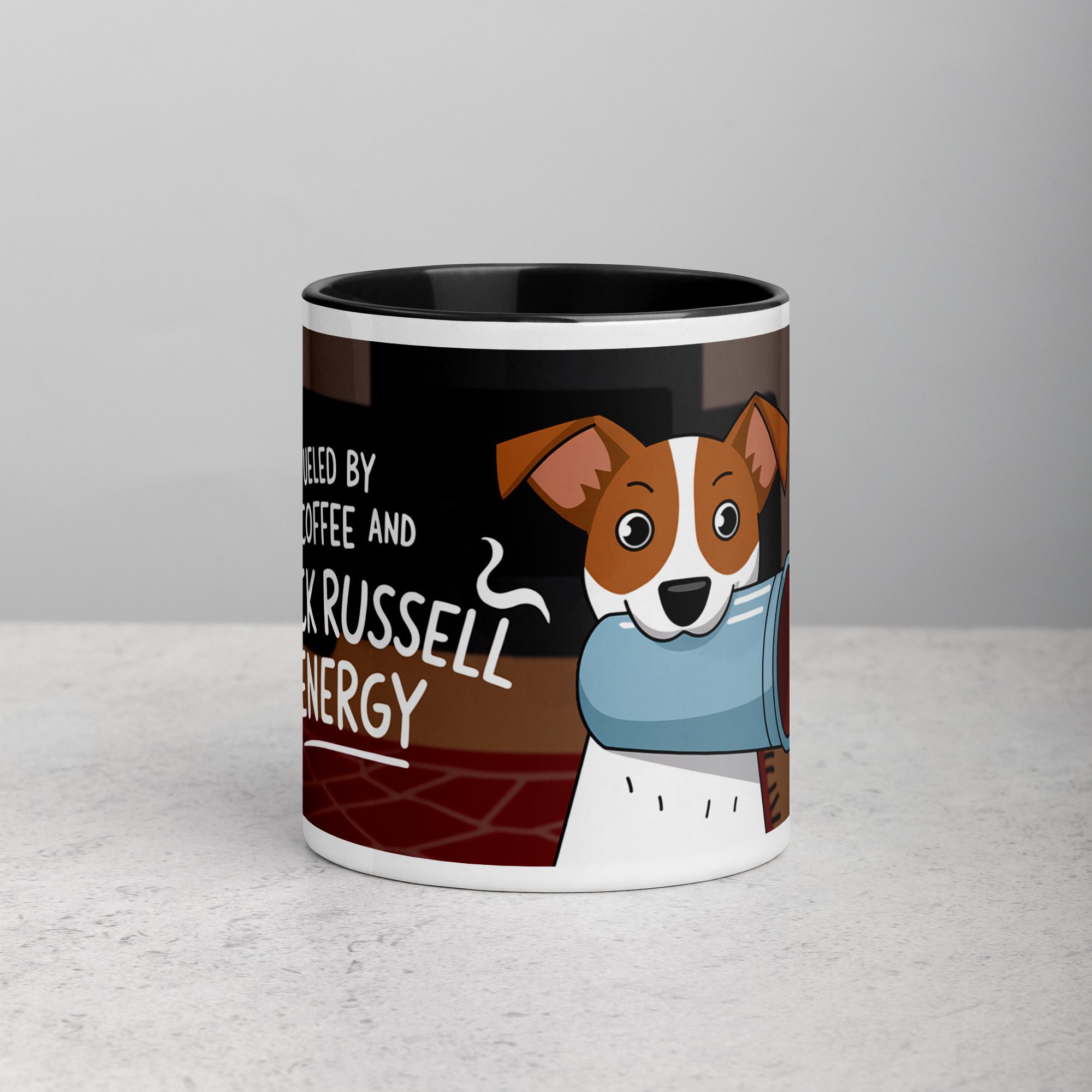 white-ceramic-mug-with-color-inside-black-11-oz-front-674f069fa74a4.jpg Fueled by Coffee and Jack Russell Energy Mug - Image 1