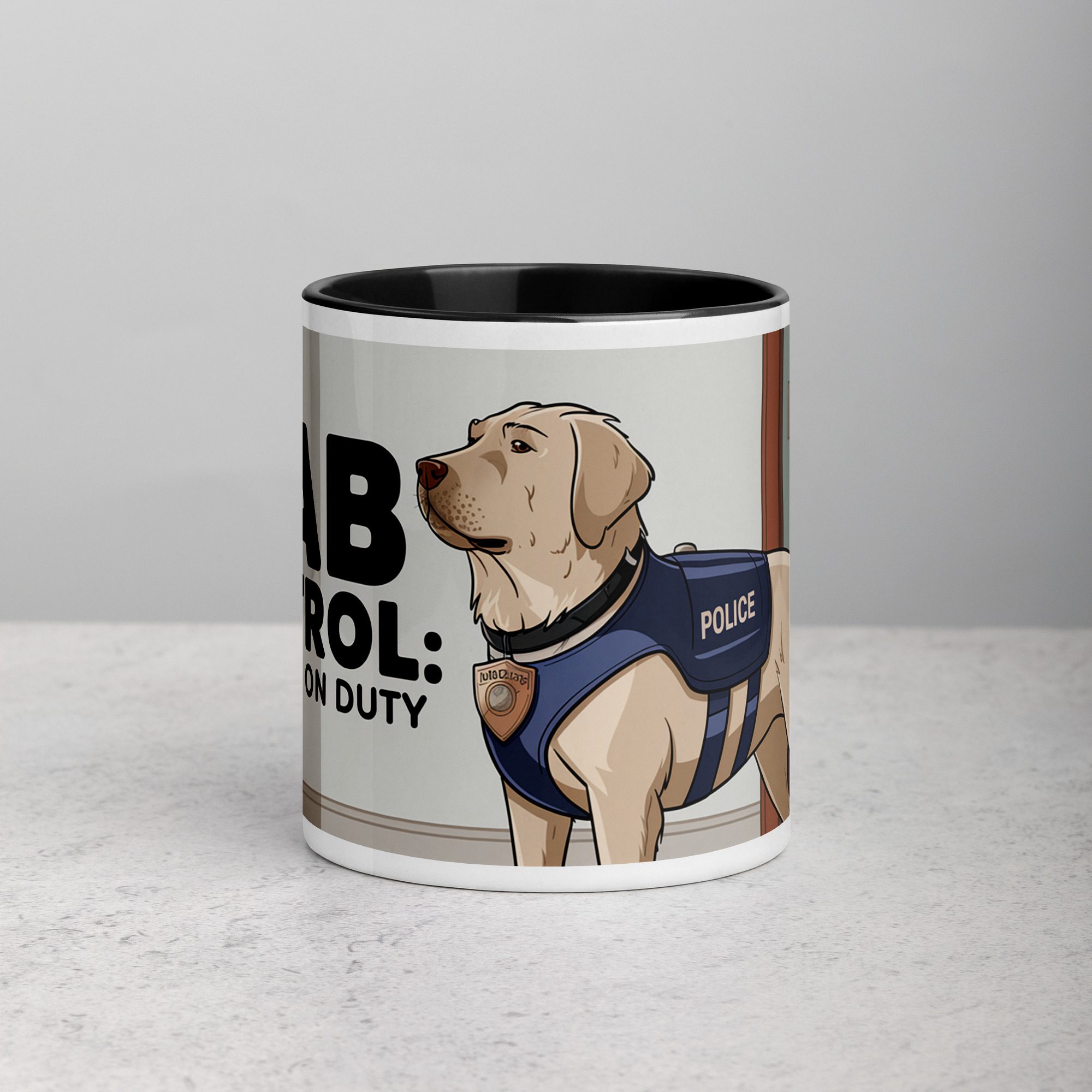 white-ceramic-mug-with-color-inside-black-11-oz-front-674f0f73203af.jpg Lab Patrol: Always on Duty Coffee Mug - Image 1
