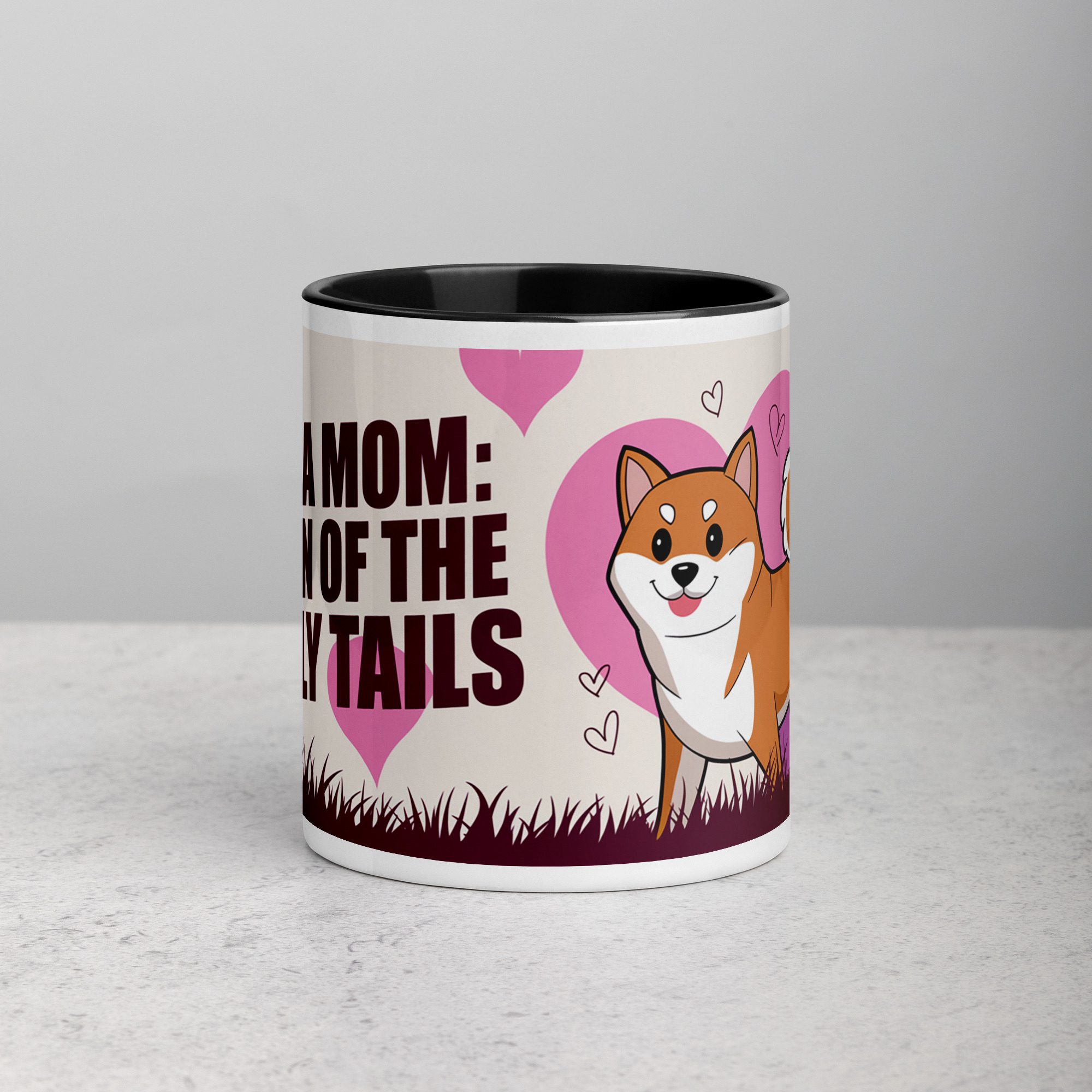 white-ceramic-mug-with-color-inside-black-11-oz-front-674f507fa923f.jpg Shiba Mom: Queen of the Curly Tails Coffee Mug - Image 1