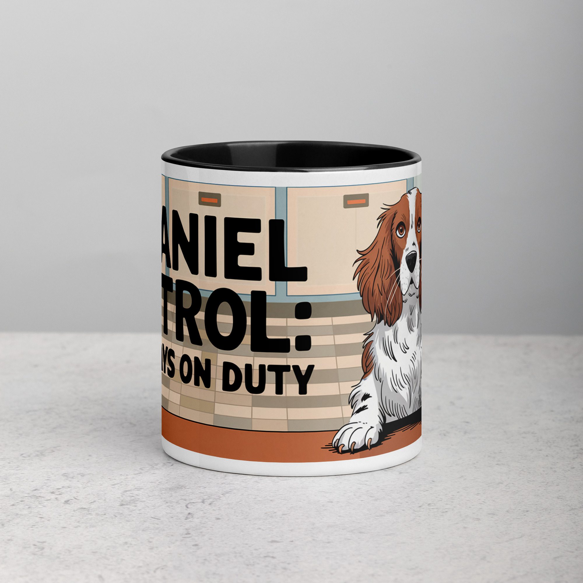 white-ceramic-mug-with-color-inside-black-11-oz-front-674f6537d5dbe.jpg Spaniel Patrol: Always on Duty Coffee Mug - Image 1