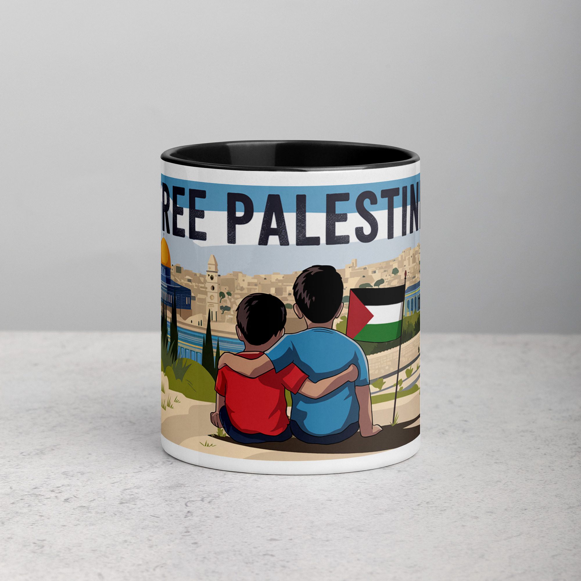 white-ceramic-mug-with-color-inside-black-11-oz-front-675785e5a0395.jpg Free Palestine Siblings Hug Mug - Image 1