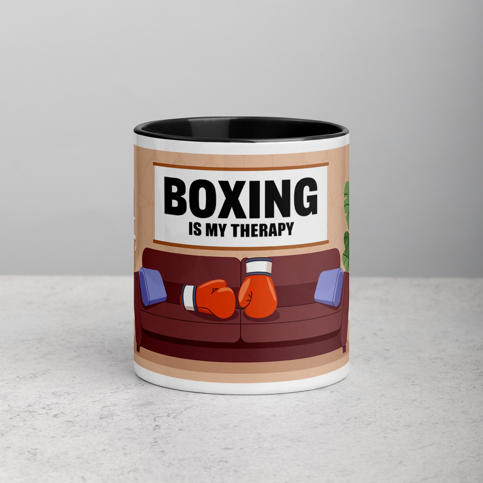 white-ceramic-mug-with-color-inside-black-11-oz-front-675bc97254e35.jpg Boxing is My Therapy Coffee Mug & Tea Cup - Image 1