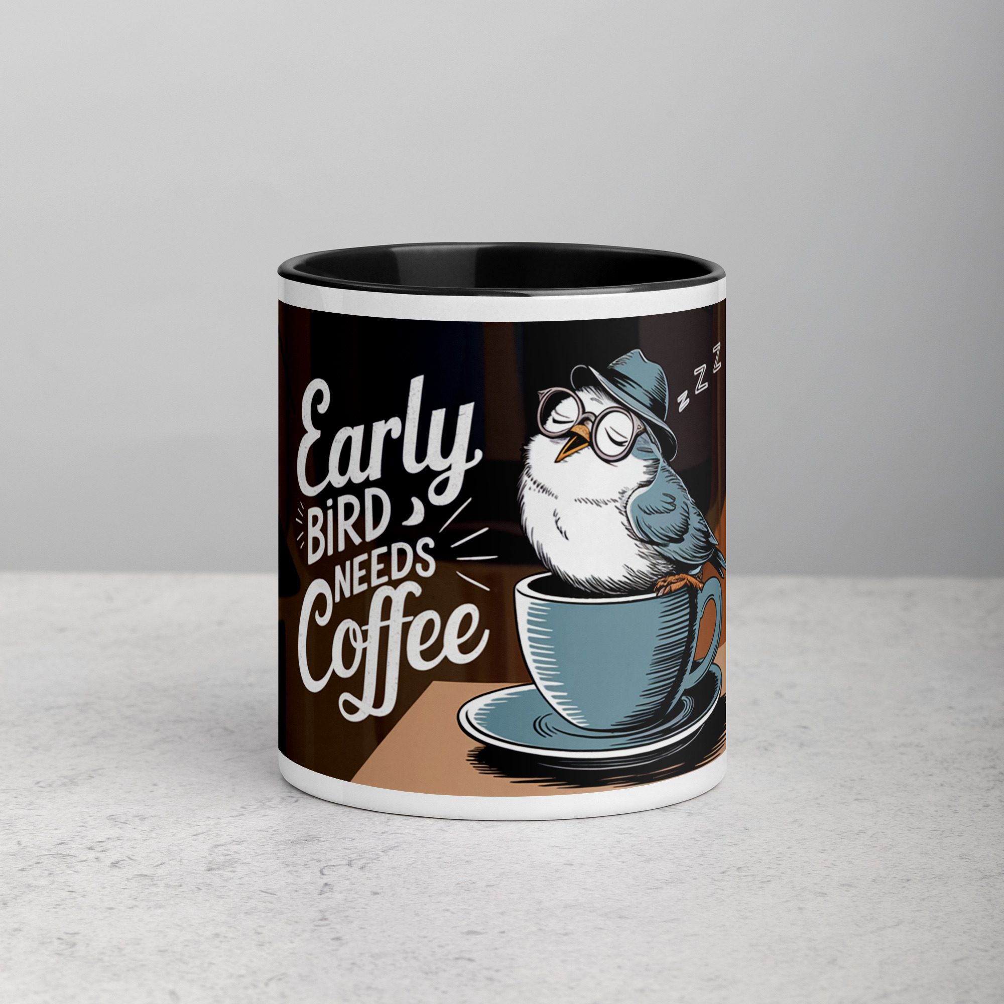 white-ceramic-mug-with-color-inside-black-11-oz-front-6762d82b3c2cb.jpg Early Bird Needs Coffee Mug - Image 1