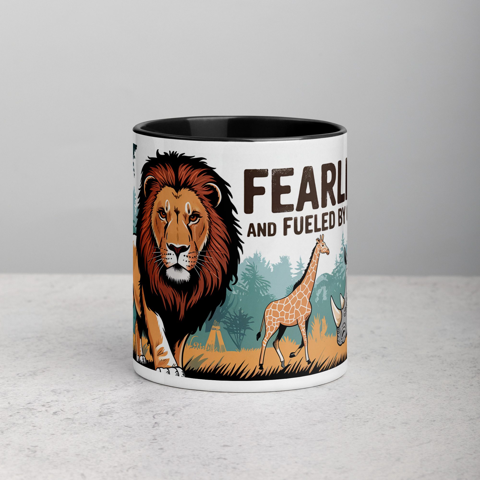 white-ceramic-mug-with-color-inside-black-11-oz-front-6762df6a39ef7.jpg Fearless and Fueled by Coffee Lion Mug - Image 1