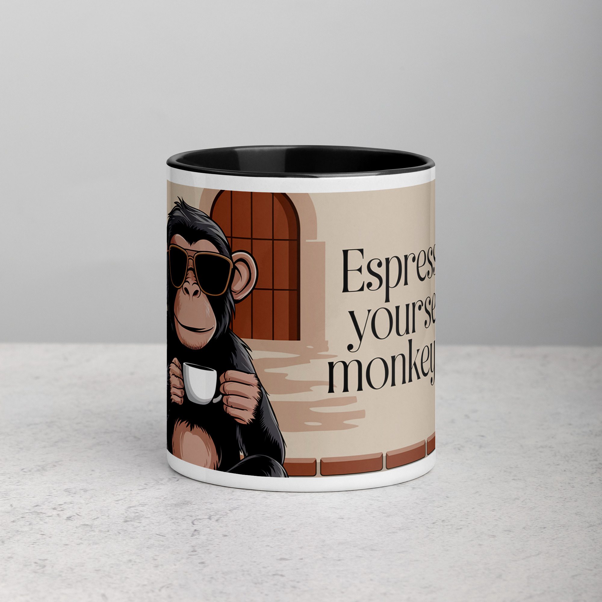 white-ceramic-mug-with-color-inside-black-11-oz-front-6762e84230e52.jpg Espresso Yourself, Monkey Style Coffee Mug - Image 1
