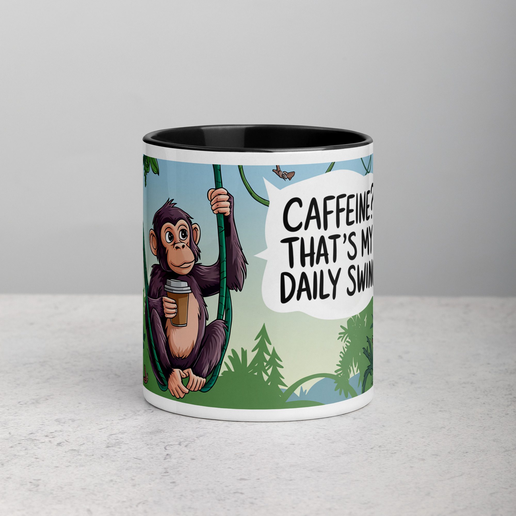 white-ceramic-mug-with-color-inside-black-11-oz-front-6762f852a36b9.jpg Caffeine? That’s My Daily Swing Monkey Mug - Image 1