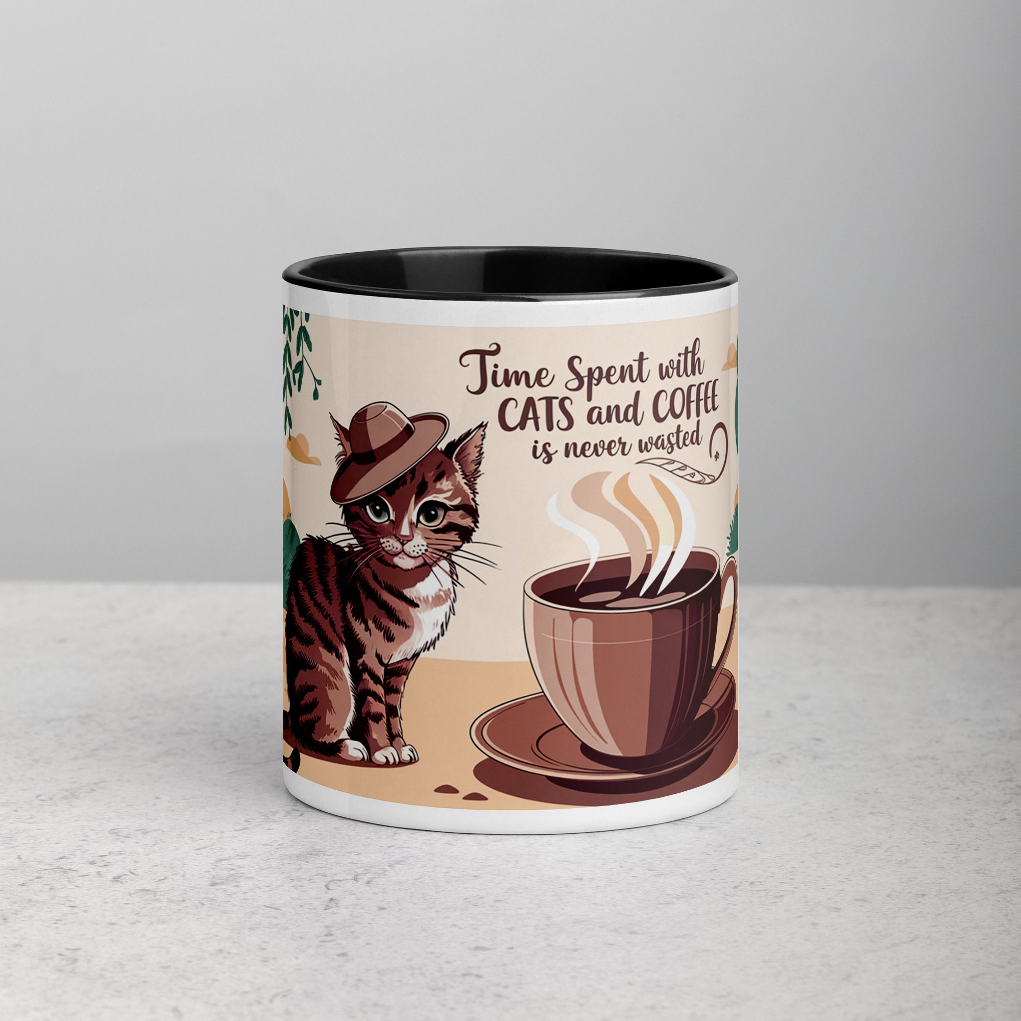 white-ceramic-mug-with-color-inside-black-11-oz-front-6762f8fb27331.jpg Time Spent with Cats and Coffee Is Never Wasted Mug - Image 1