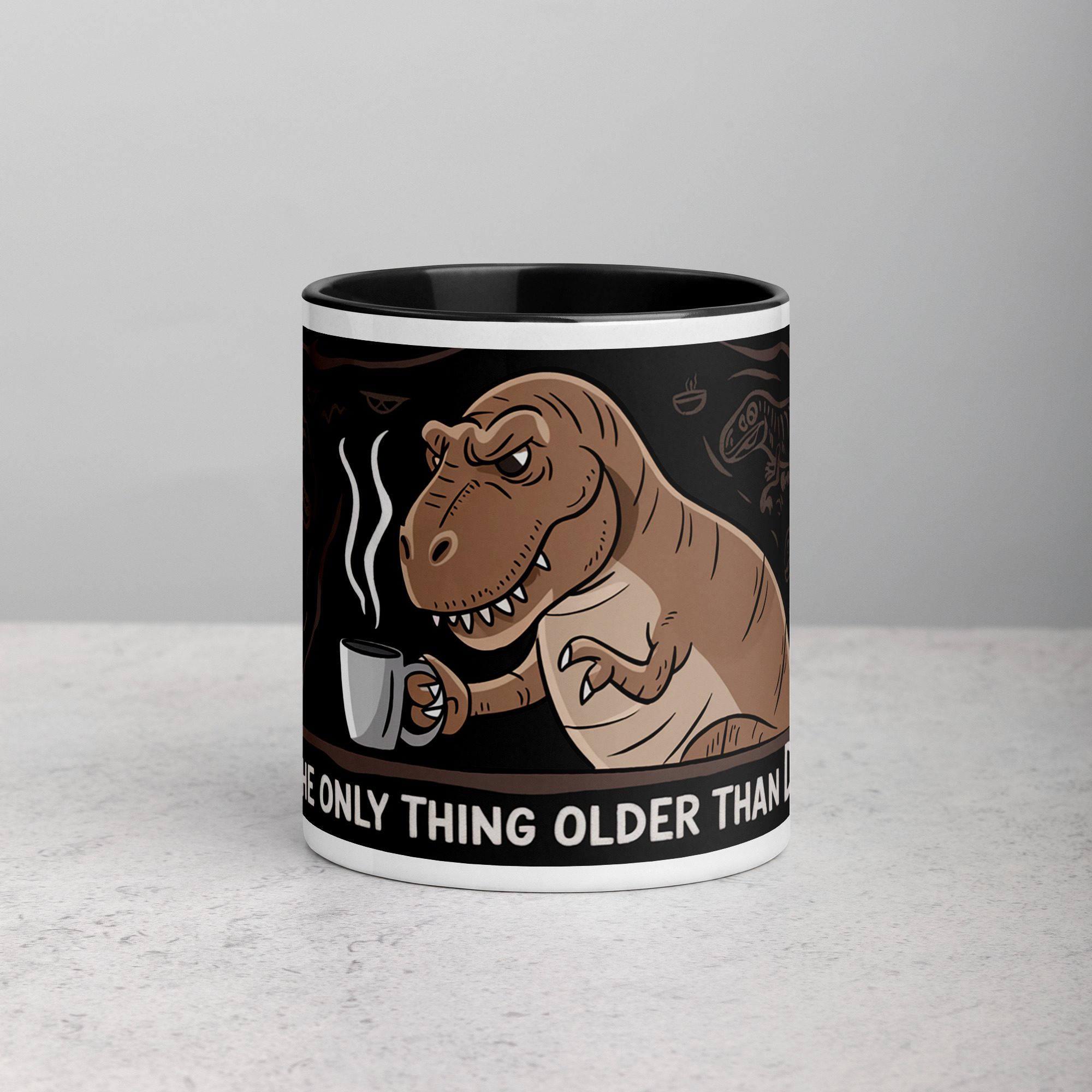 white-ceramic-mug-with-color-inside-black-11-oz-front-6763020c299d5.jpg Coffee: The Only Thing Older Than Dinosaurs Mug - Image 1