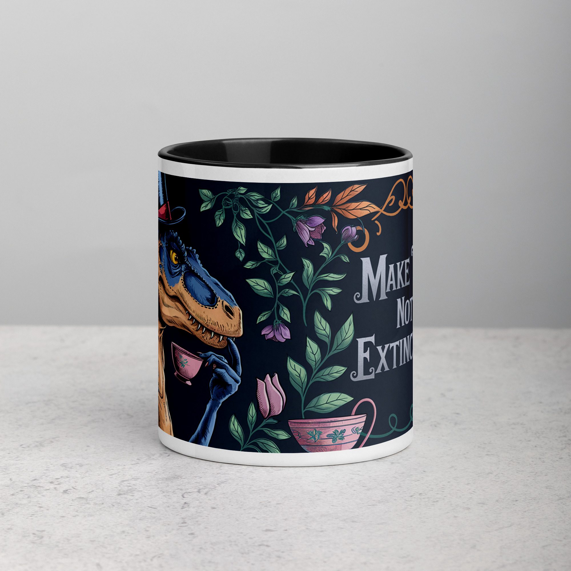 white-ceramic-mug-with-color-inside-black-11-oz-front-6763090f3d555.jpg Make Tea, Not Extinction Dinosaur Cup - Image 1