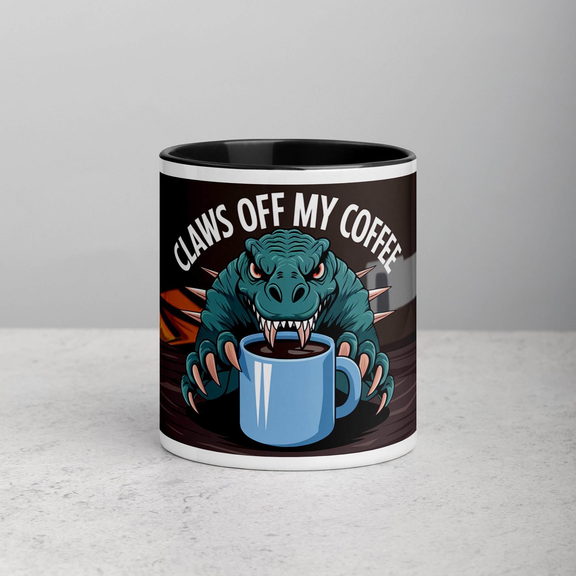 white-ceramic-mug-with-color-inside-black-11-oz-front-67630b308009c.jpg Claws Off My Coffee Dinosaur Mug - Image 1