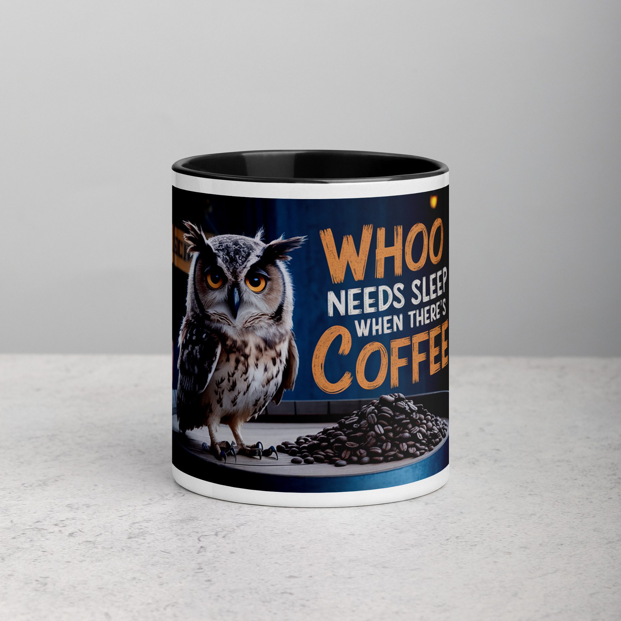 white-ceramic-mug-with-color-inside-black-11-oz-front-67630f45ce5b5.jpg Whoo Needs Sleep When There's Coffee? Owl Mug - Image 1