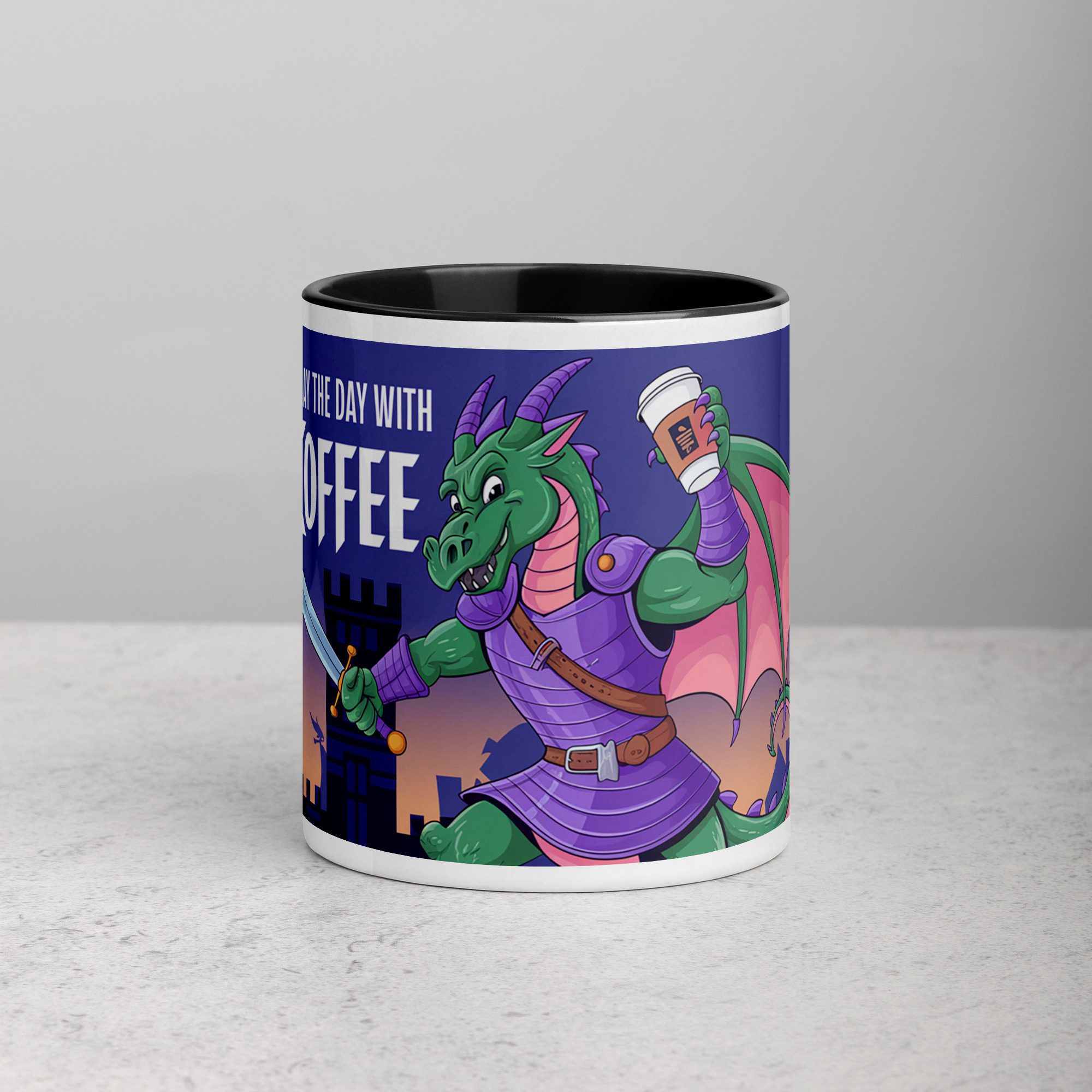 white-ceramic-mug-with-color-inside-black-11-oz-front-67630f4eab6a2.jpg Slay the Day with Coffee Mug - Image 1