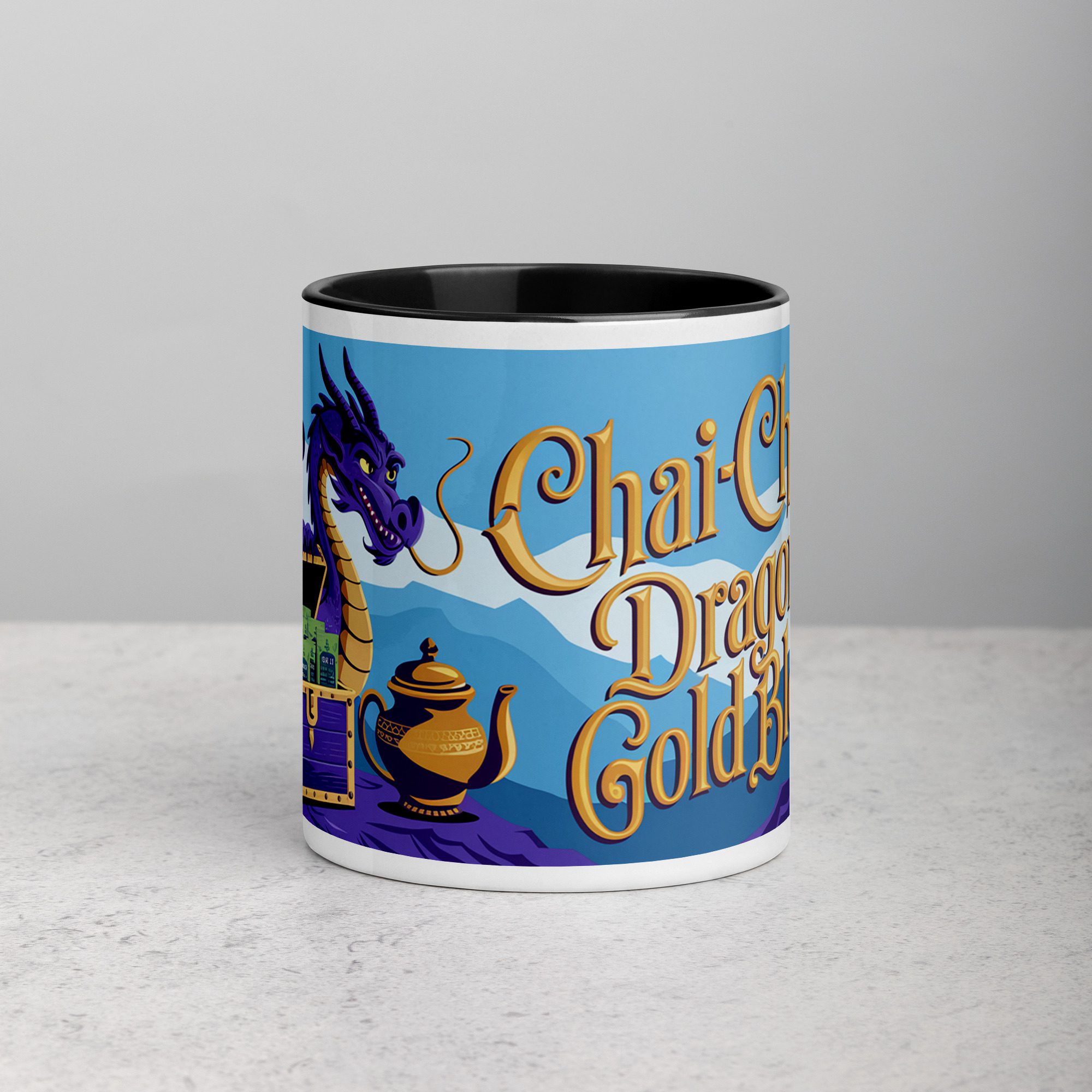 white-ceramic-mug-with-color-inside-black-11-oz-front-6763131324cca.jpg Chai-Ching: Dragon’s Gold Blend Mug - Image 1