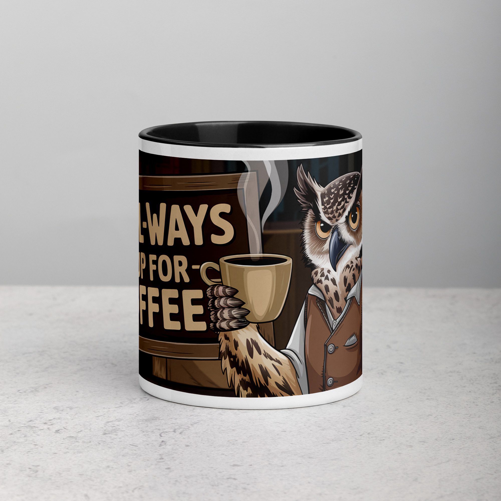 white-ceramic-mug-with-color-inside-black-11-oz-front-676326f4e43a2.jpg Owl-ways Up for Coffee Mug - Image 1
