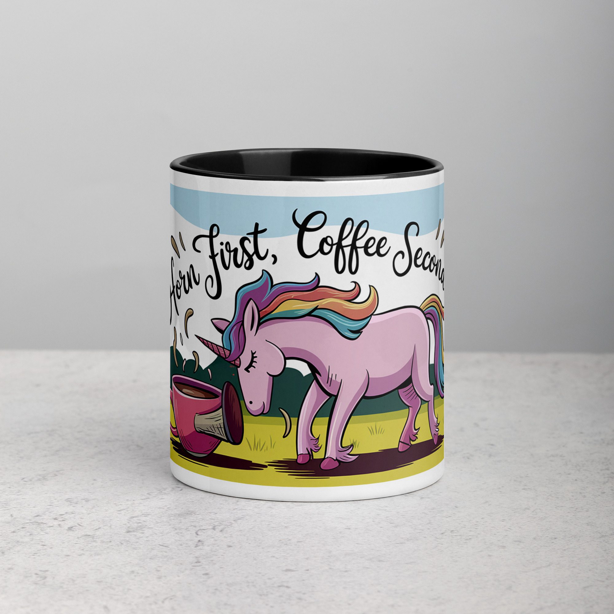 white-ceramic-mug-with-color-inside-black-11-oz-front-676346f55bfe1.jpg Horn First, Coffee Second Unicorn Mug - Image 1