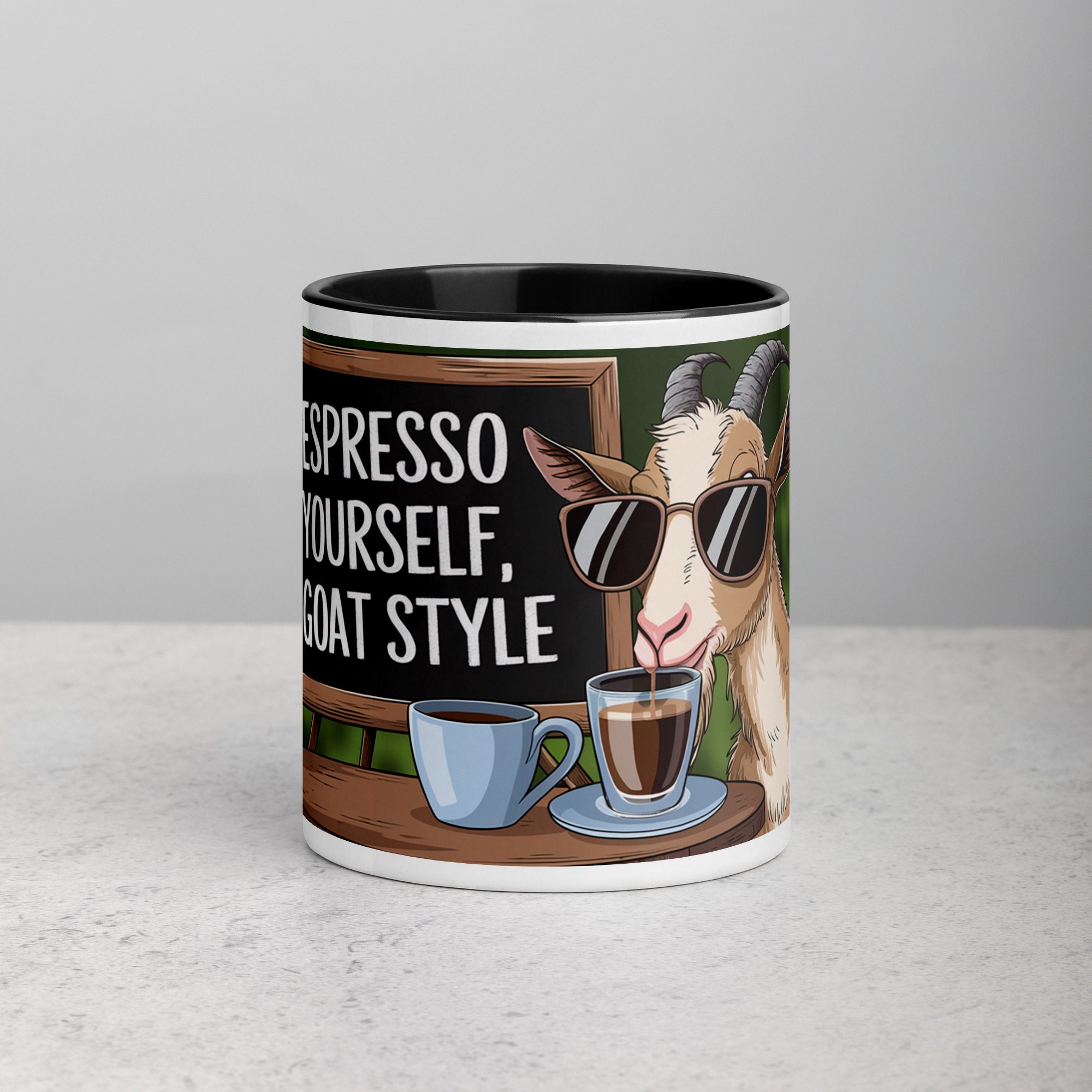 white-ceramic-mug-with-color-inside-black-11-oz-front-676afb197aae8.jpg Espresso Yourself, Goat Style Coffee Mug - Image 1
