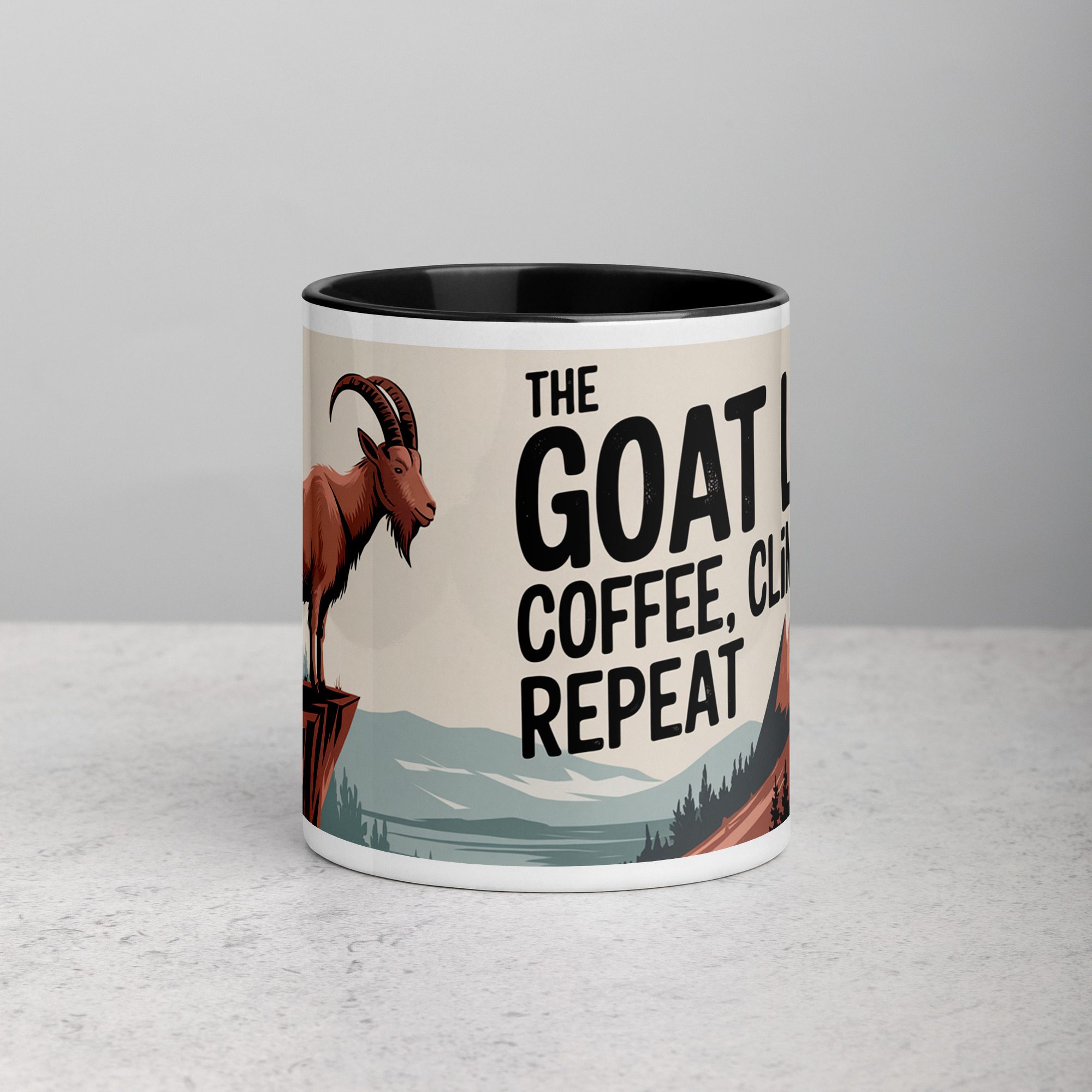 white-ceramic-mug-with-color-inside-black-11-oz-front-676afbb0069c9.jpg The Goat Life: Coffee, Climb, Repeat Mug - Image 1