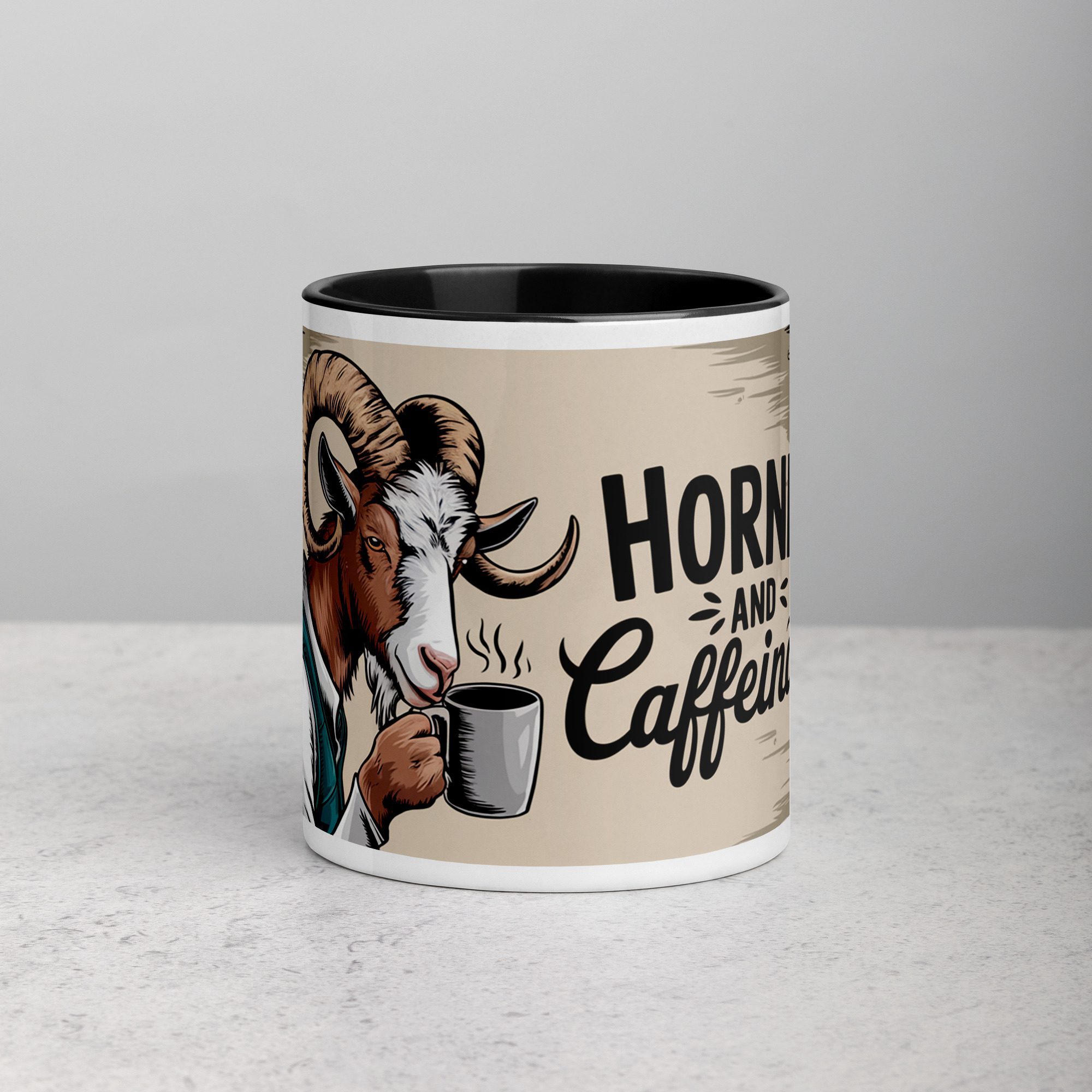 white-ceramic-mug-with-color-inside-black-11-oz-front-676afc3d9c1f0.jpg Horned and Caffeinated Goat Coffee Mug - Image 1