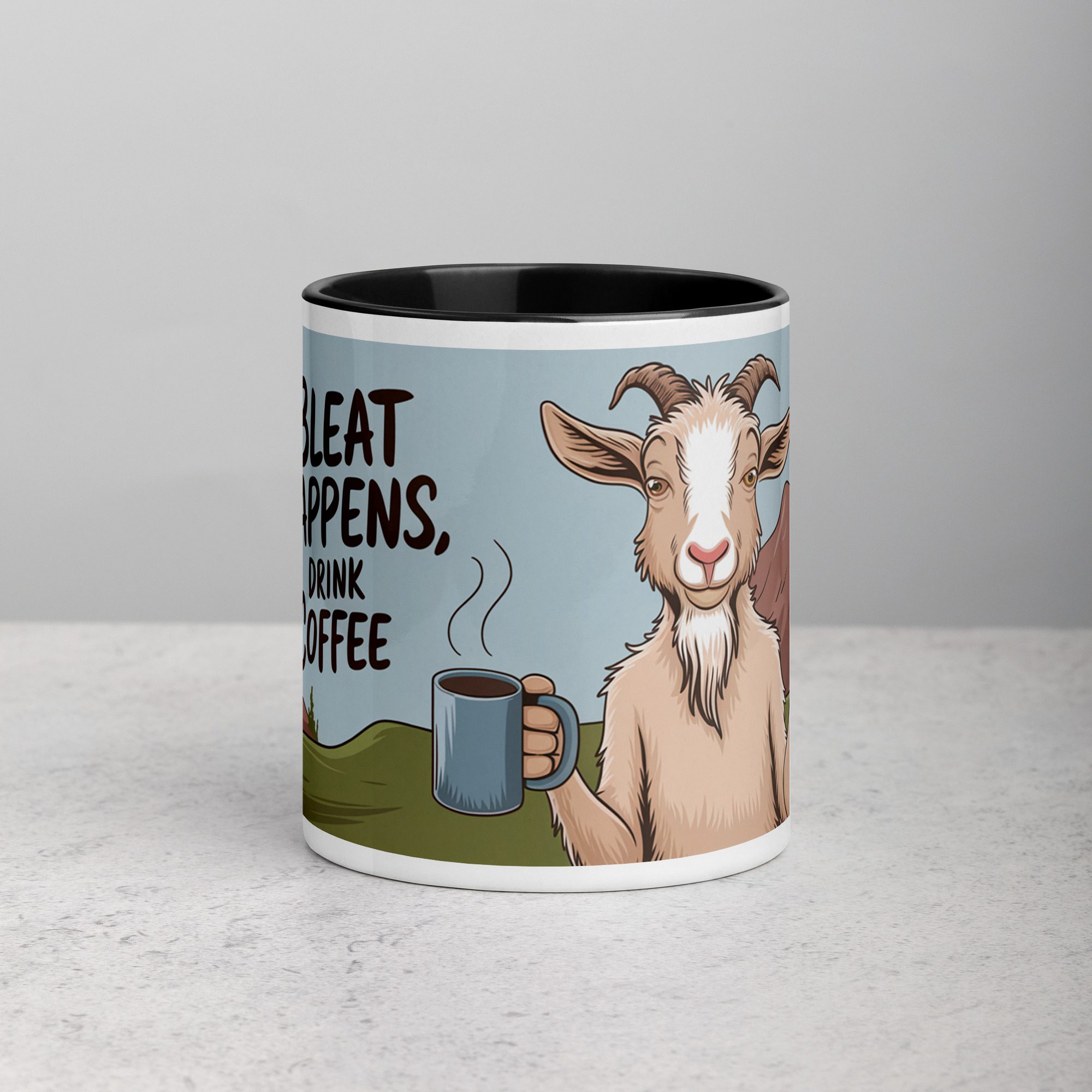 white-ceramic-mug-with-color-inside-black-11-oz-front-676afc8747663.jpg Bleat Happens, Drink Coffee Goat Mug - Image 1
