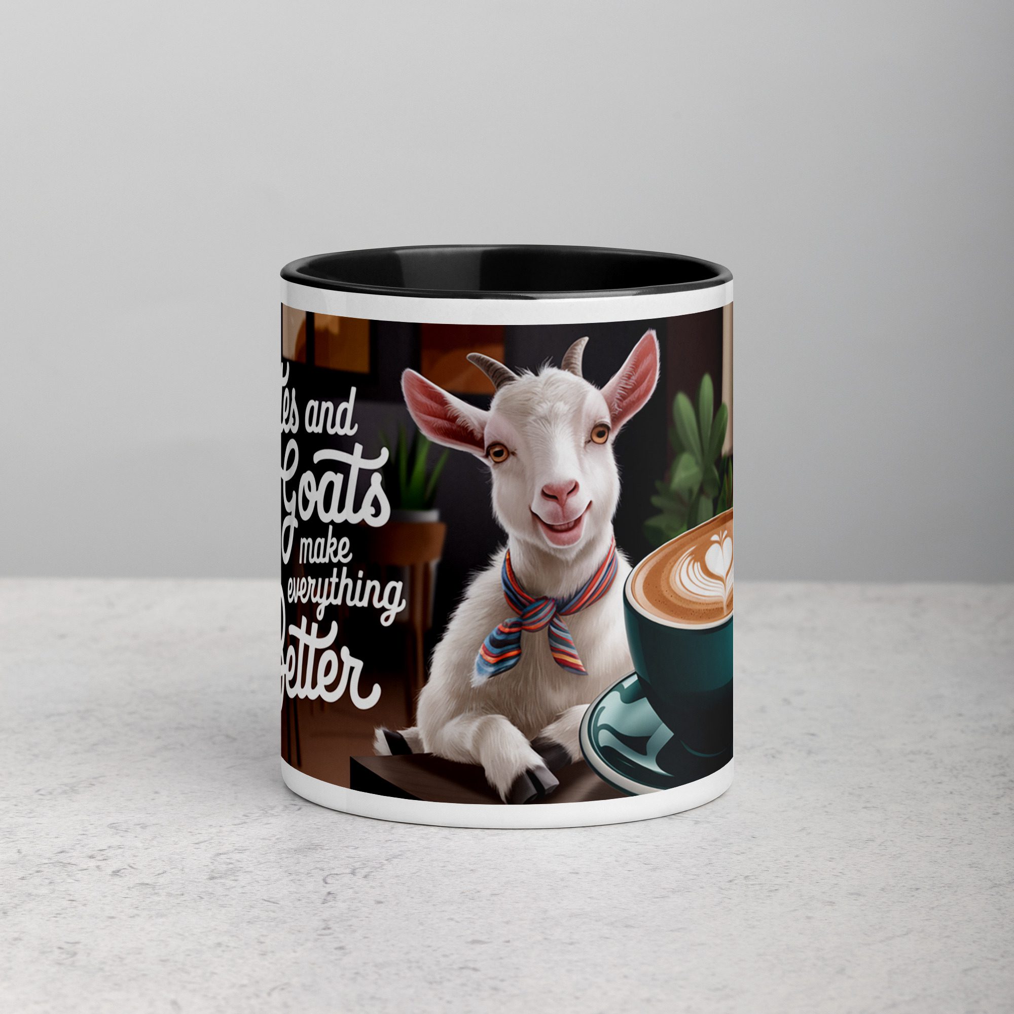 white-ceramic-mug-with-color-inside-black-11-oz-front-676afd2198a0f.jpg Lattes and Goats Make Everything Better Mug - Image 1
