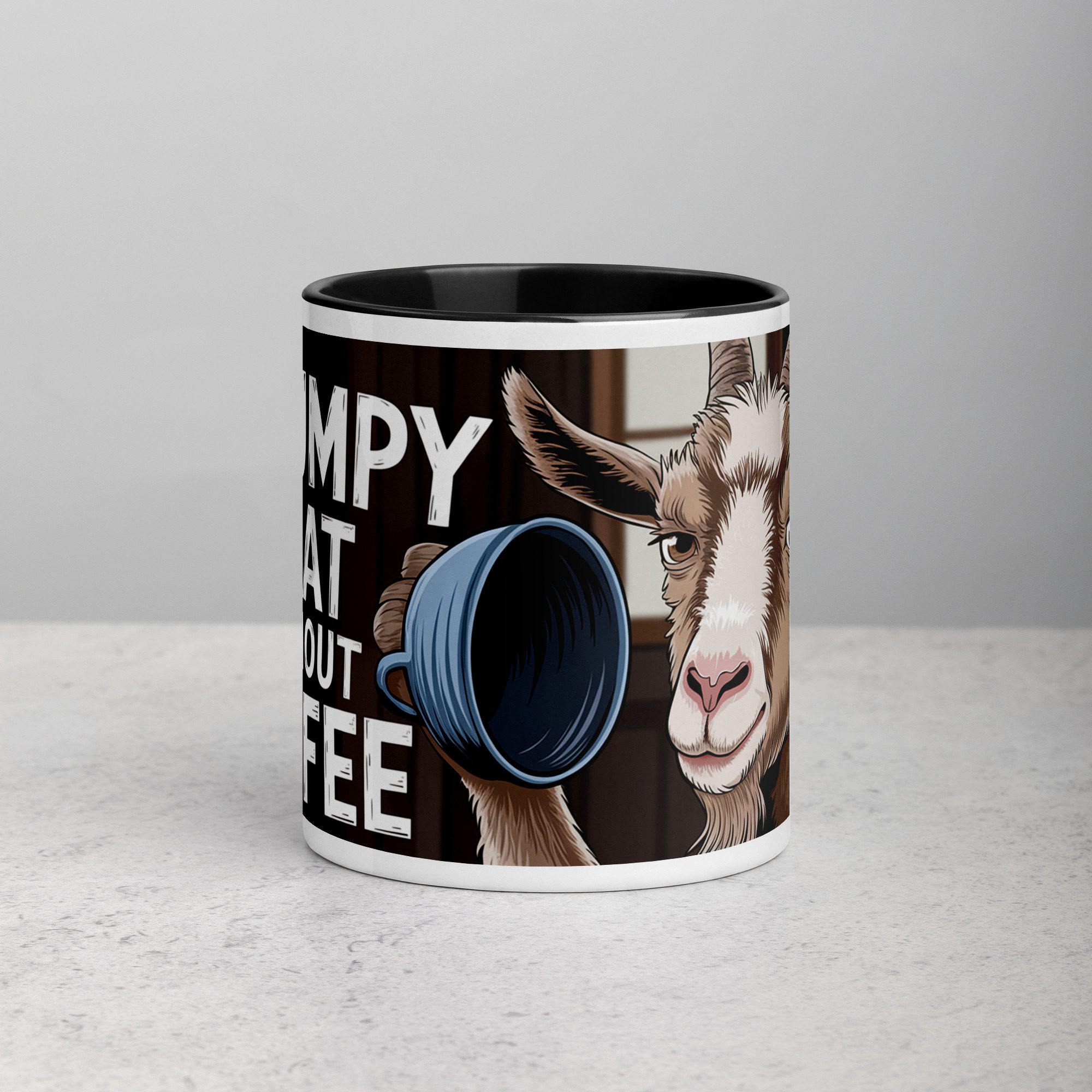 white-ceramic-mug-with-color-inside-black-11-oz-front-676afd8a2678a.jpg Grumpy Goat Without Coffee Mug - Image 1