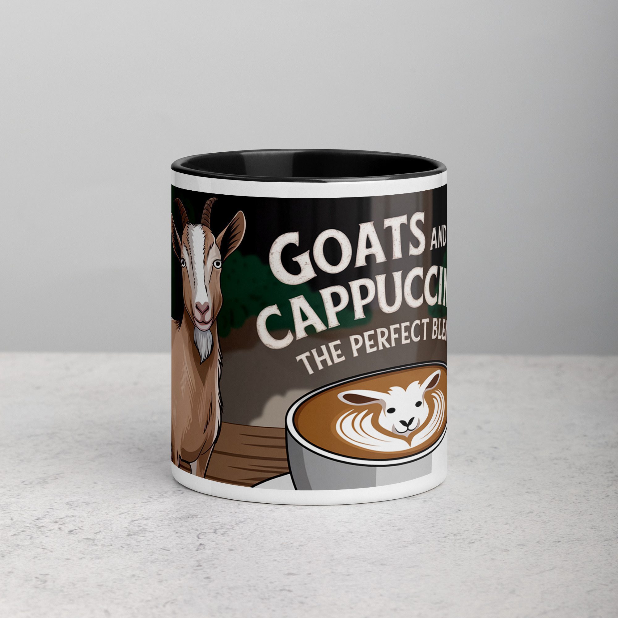 white-ceramic-mug-with-color-inside-black-11-oz-front-676afeb66e975.jpg Goats and Cappuccinos: The Perfect Blend Coffee Mug - Image 1